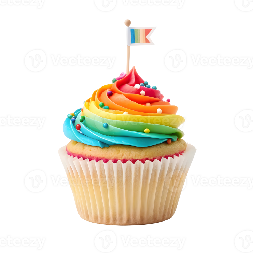 Rainbow cupcake decorated with vibrant frosting and sprinkles, small flag topper, celebration concept png