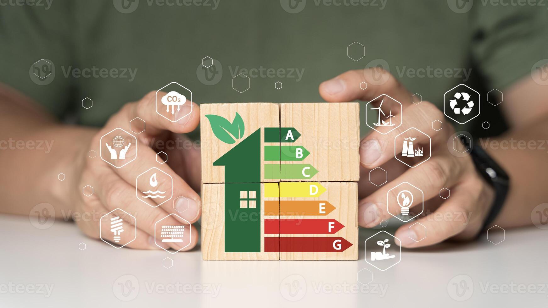 Energy efficiency rating labels promoting low consumption and efficient products to reduce carbon photo