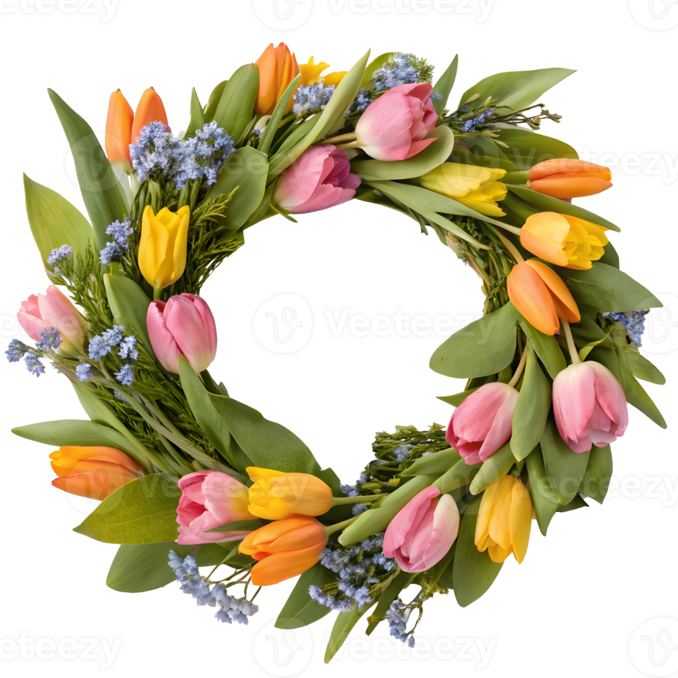 Circular wreath made of tulips in pink, yellow, and orange, with green leaves and blue flowers, spring png