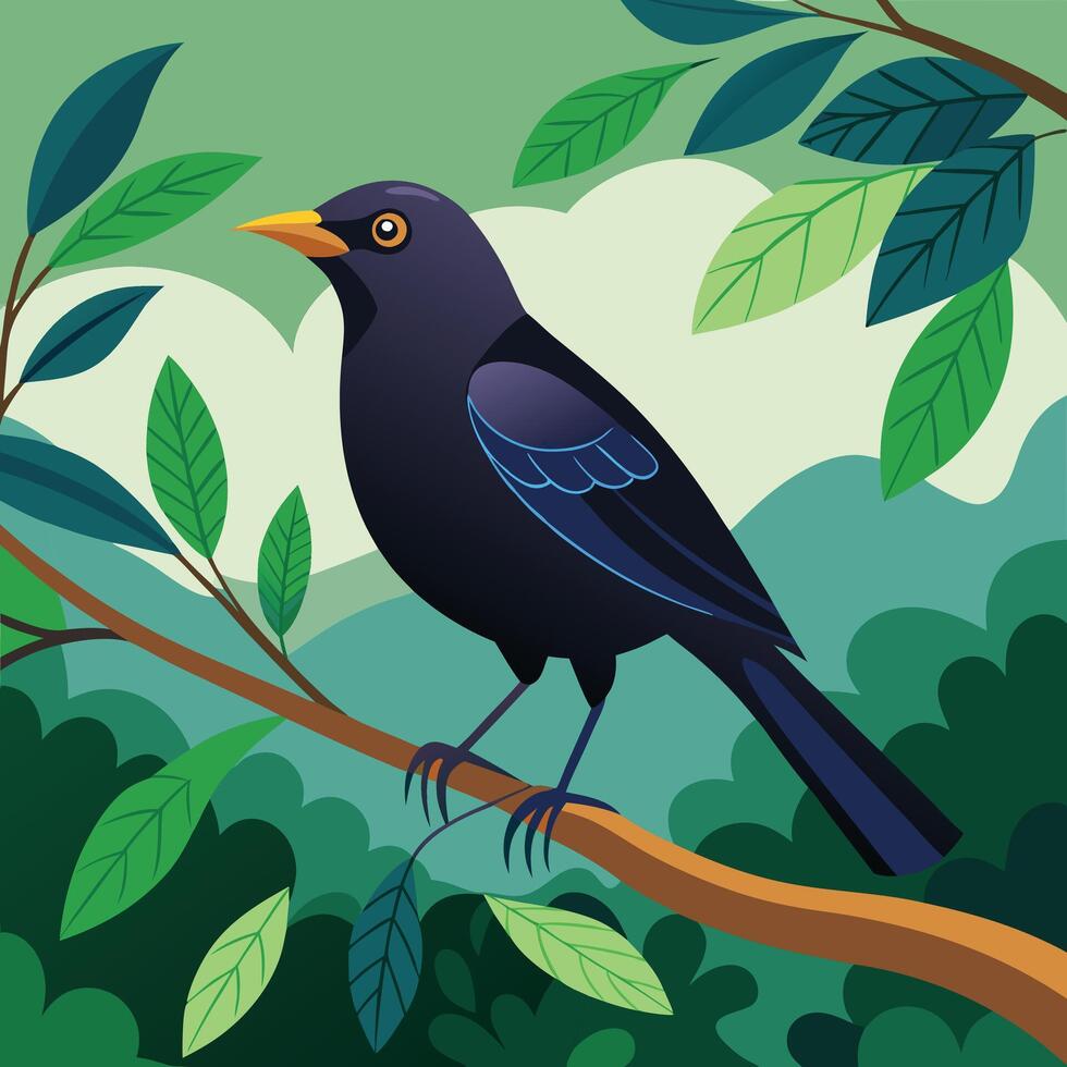 a black bird sitting on a branch with leaves vector