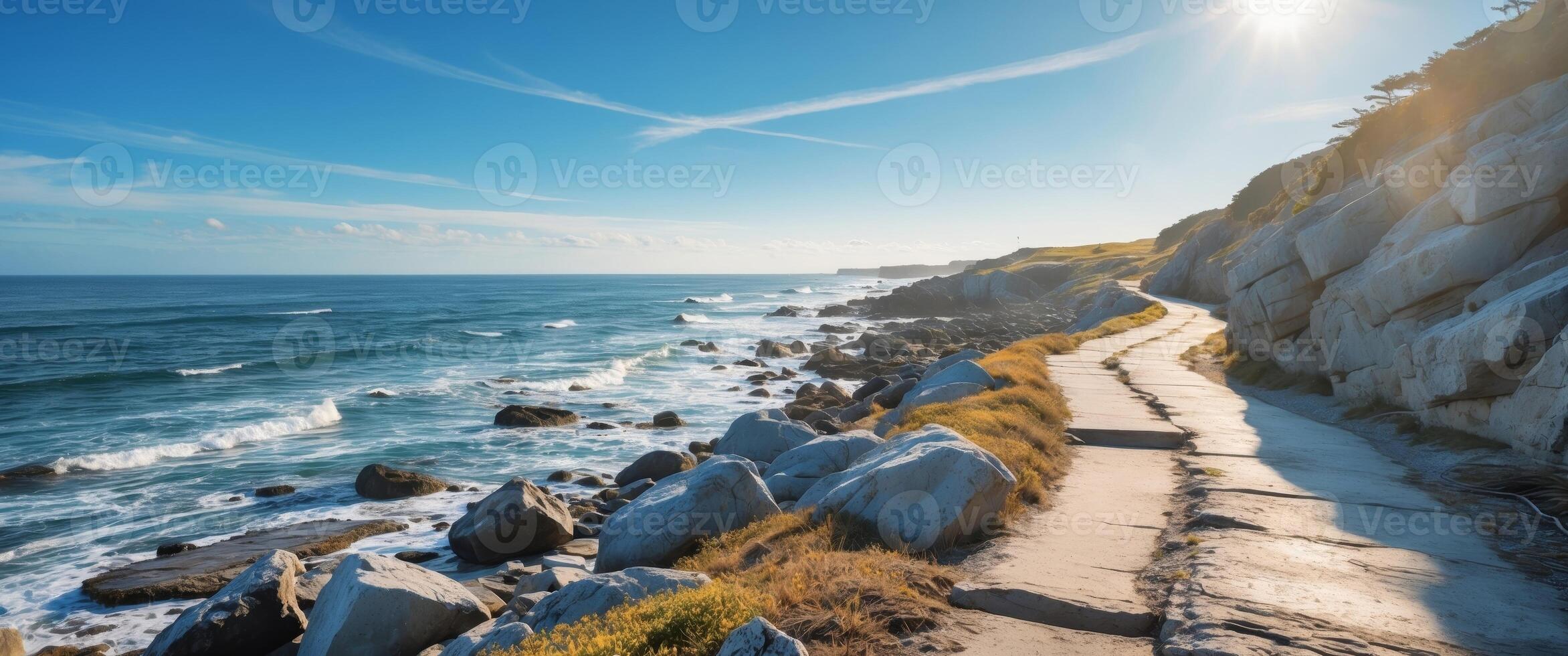 Scenic coastal pathway along a rocky shore under a bright blue sky. photo
