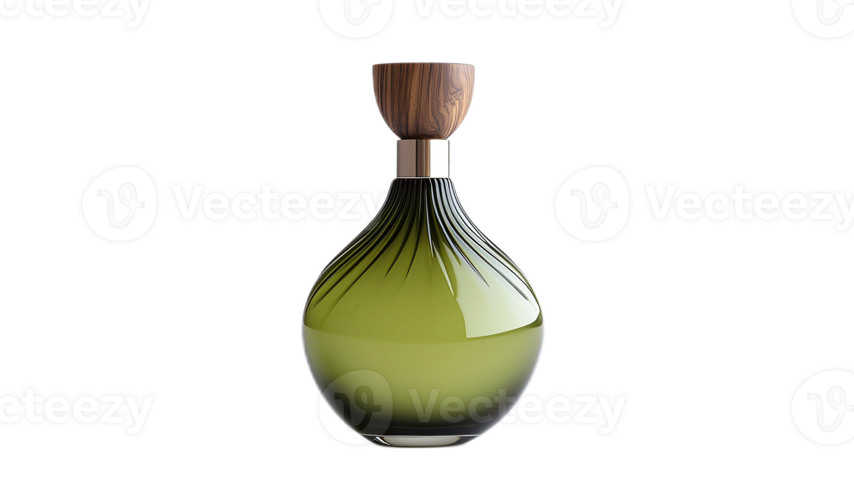 Elegant Green Glass Vase with Wooden Stopper and Curved Design Elements png
