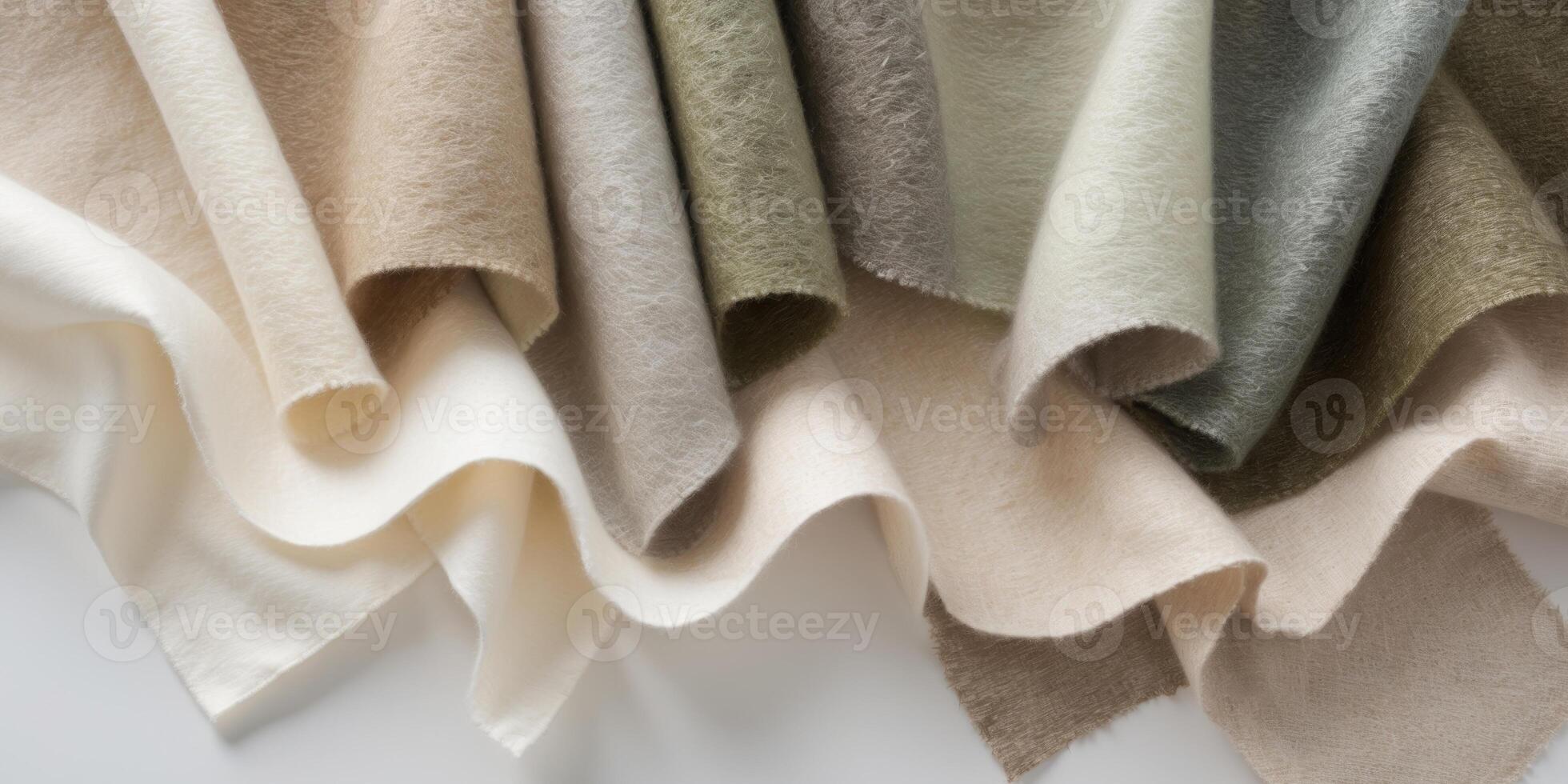 Gradient Organic Wool Fabric Swatches in Natural Hues on Bright Neutral Background. photo