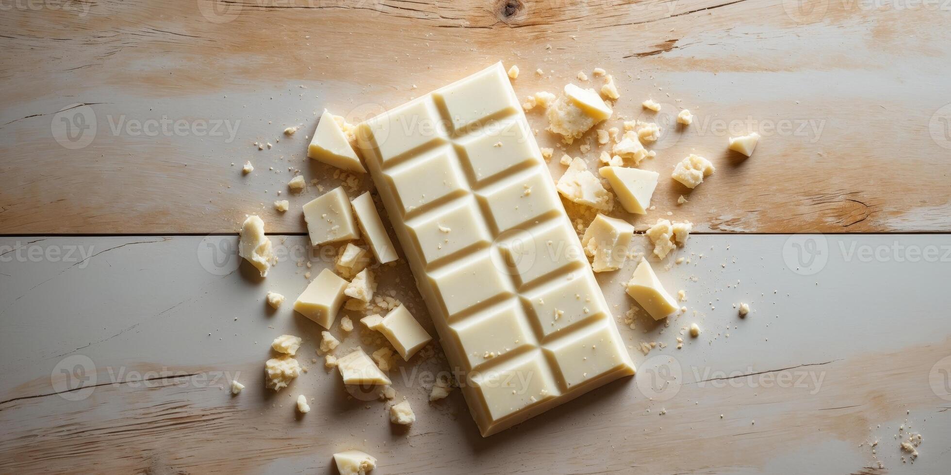 White Chocolate Bar with Crumbles on Wooden Surface photo