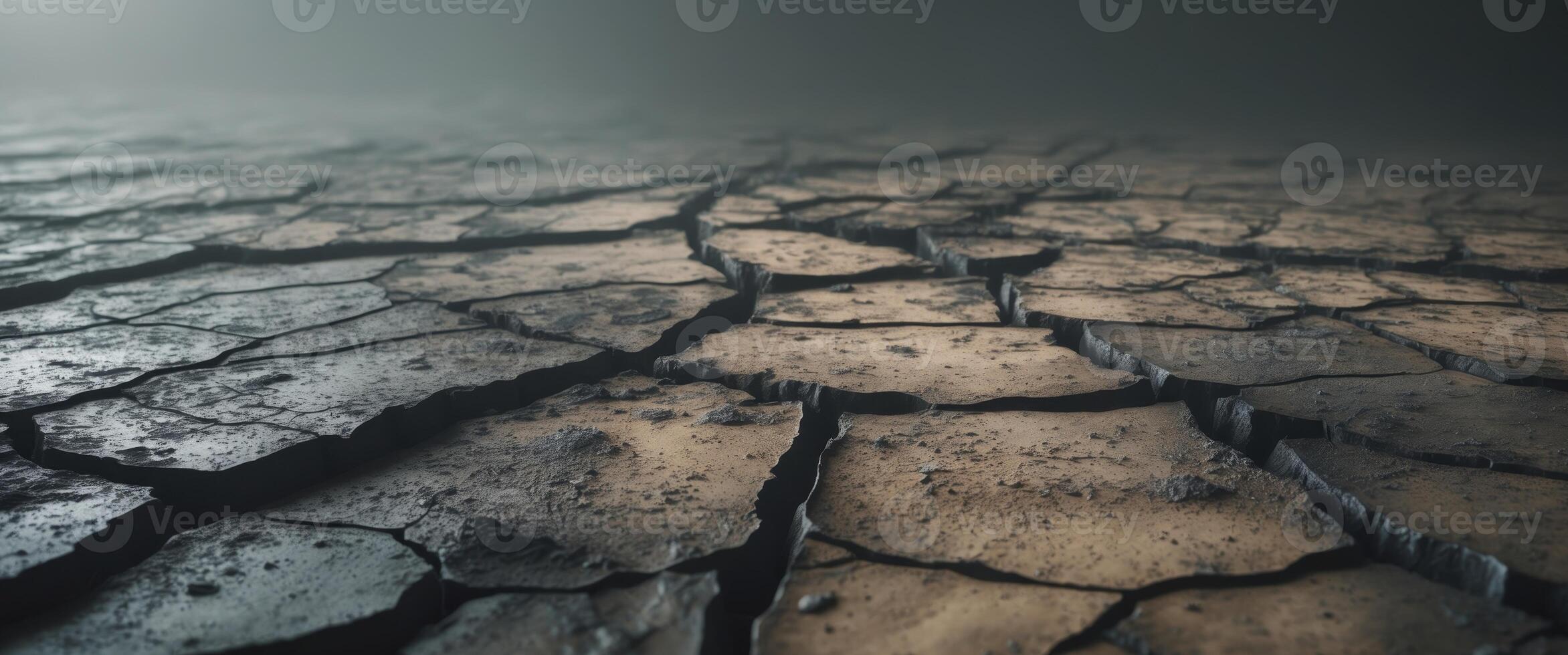 Ground with cracked surface reflecting soft light in a moody atmosphere photo
