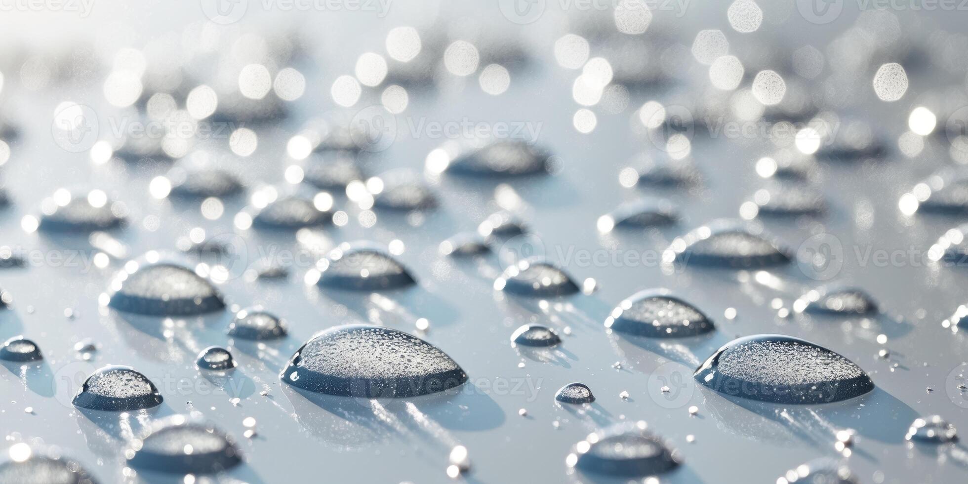 Water droplets forming on smooth surface reflecting light photo