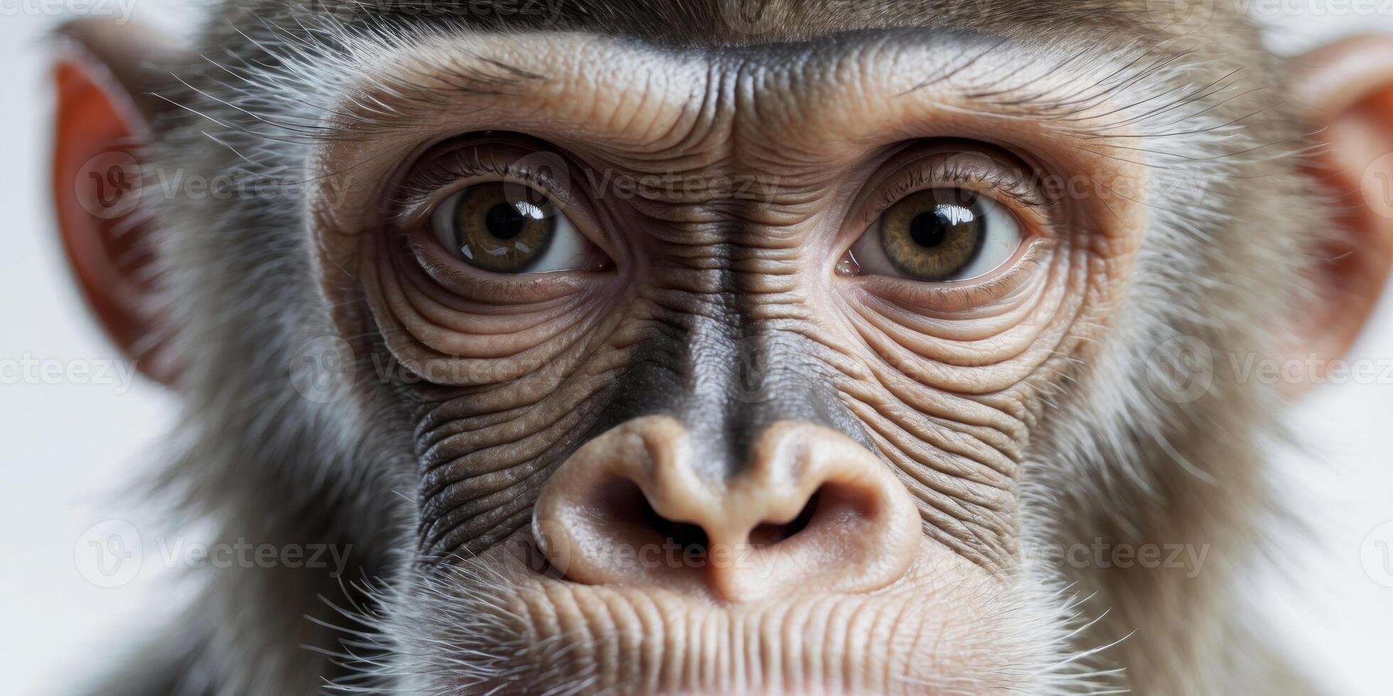 Close up of monkey face showing wrinkles and brown eyes staring intensely. photo