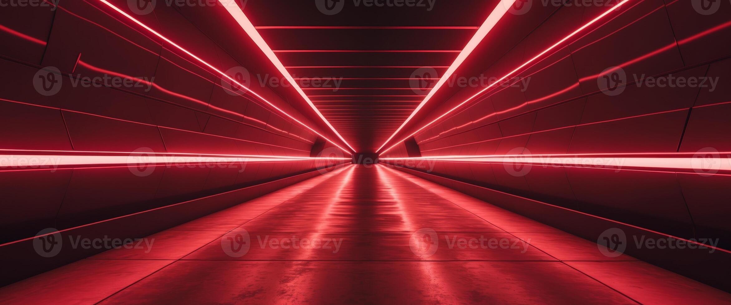 Futuristic red neon corridor with symmetrical led light panels photo