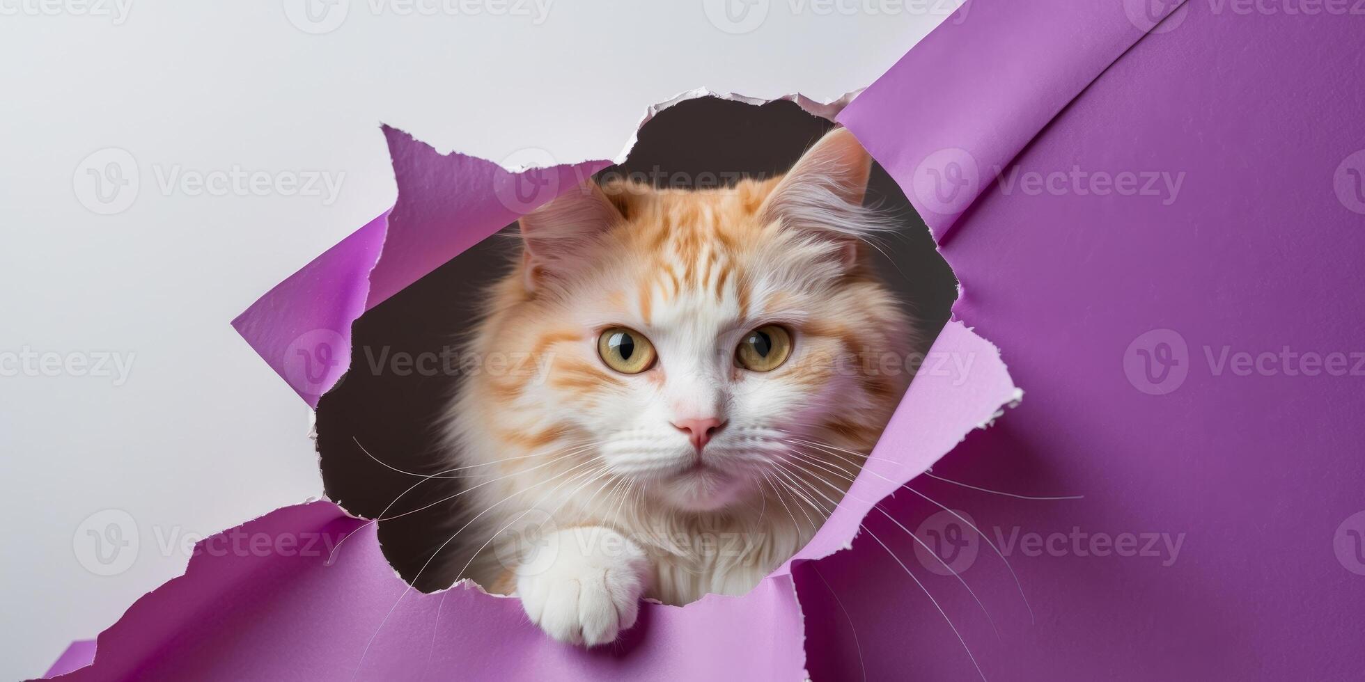 a cute white and ginger cat looking through a ripped hole in a purple paper photo