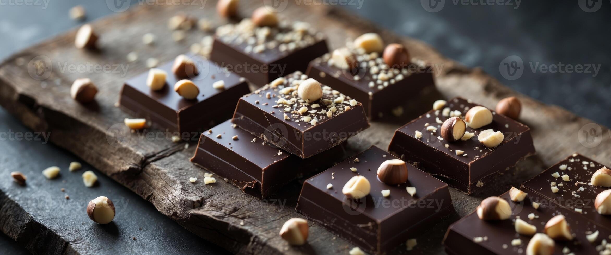 Dark Chocolate Squares Adorned With Crushed Hazelnuts on a Textured Surface. photo