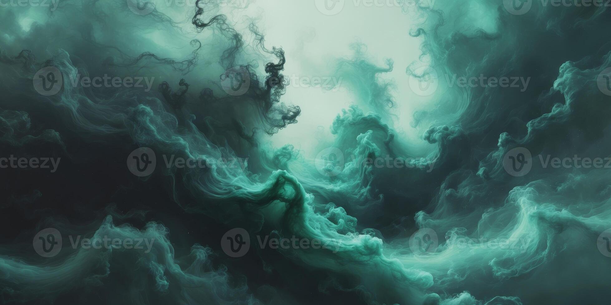 Abstract Dark Green Swirling Cloudscape Digital Art Fantasy Background Mysterious Teal Whirlwind Cosmic Nebula Space Texture. photo