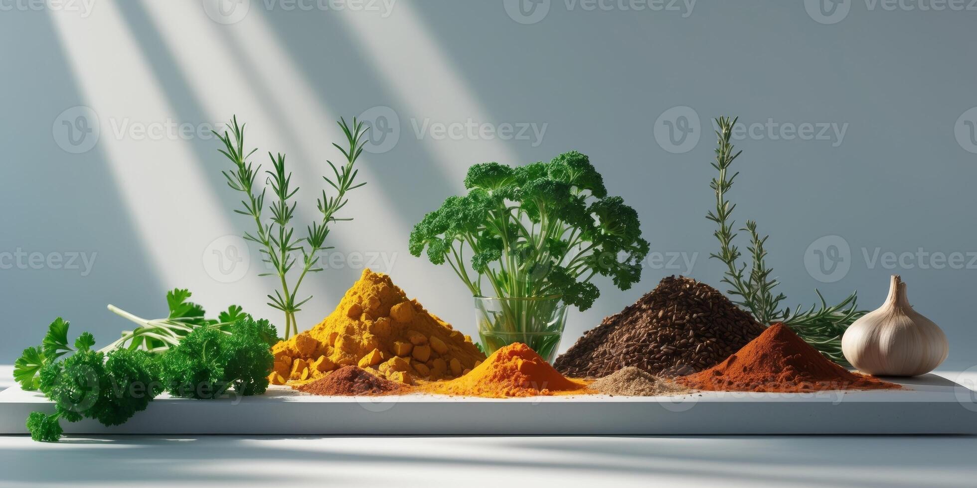 Fresh ingredients and spices arranged on a gray surface for a vibrant healthy food concept. photo
