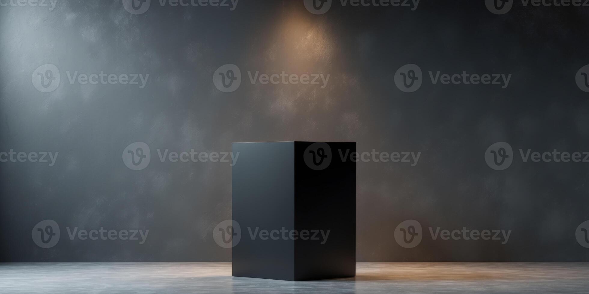 Product Display Background with Black Podium and Dark Textured Wall in Studio Setting photo