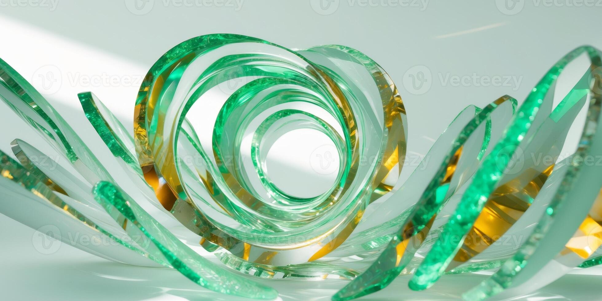 A vortex of circular crystal plates glowing with vivid green and amber hues photo