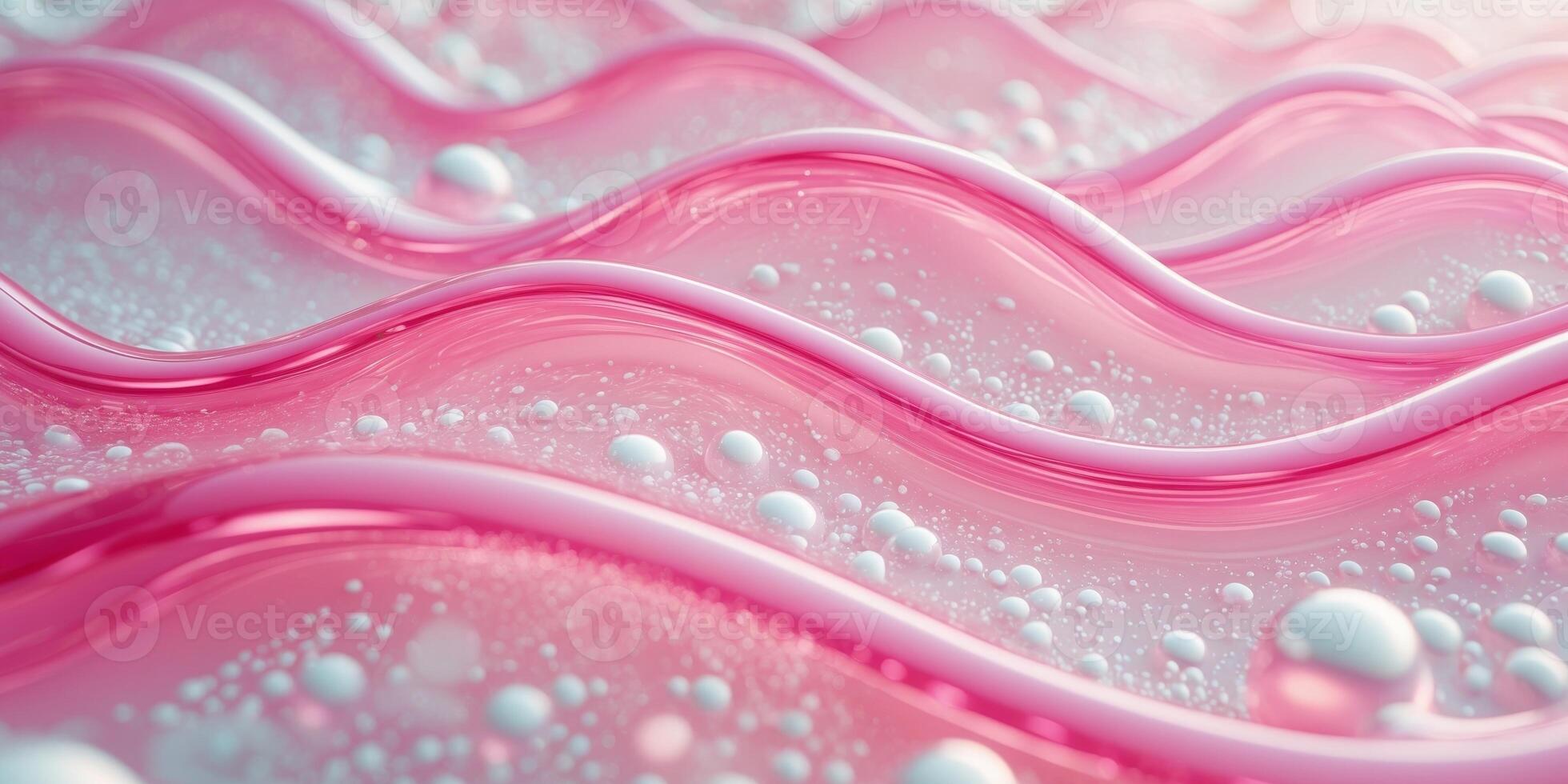 Abstract Pink Fluid Waves with a Glossy Surface and Bubbles Texture Background. photo