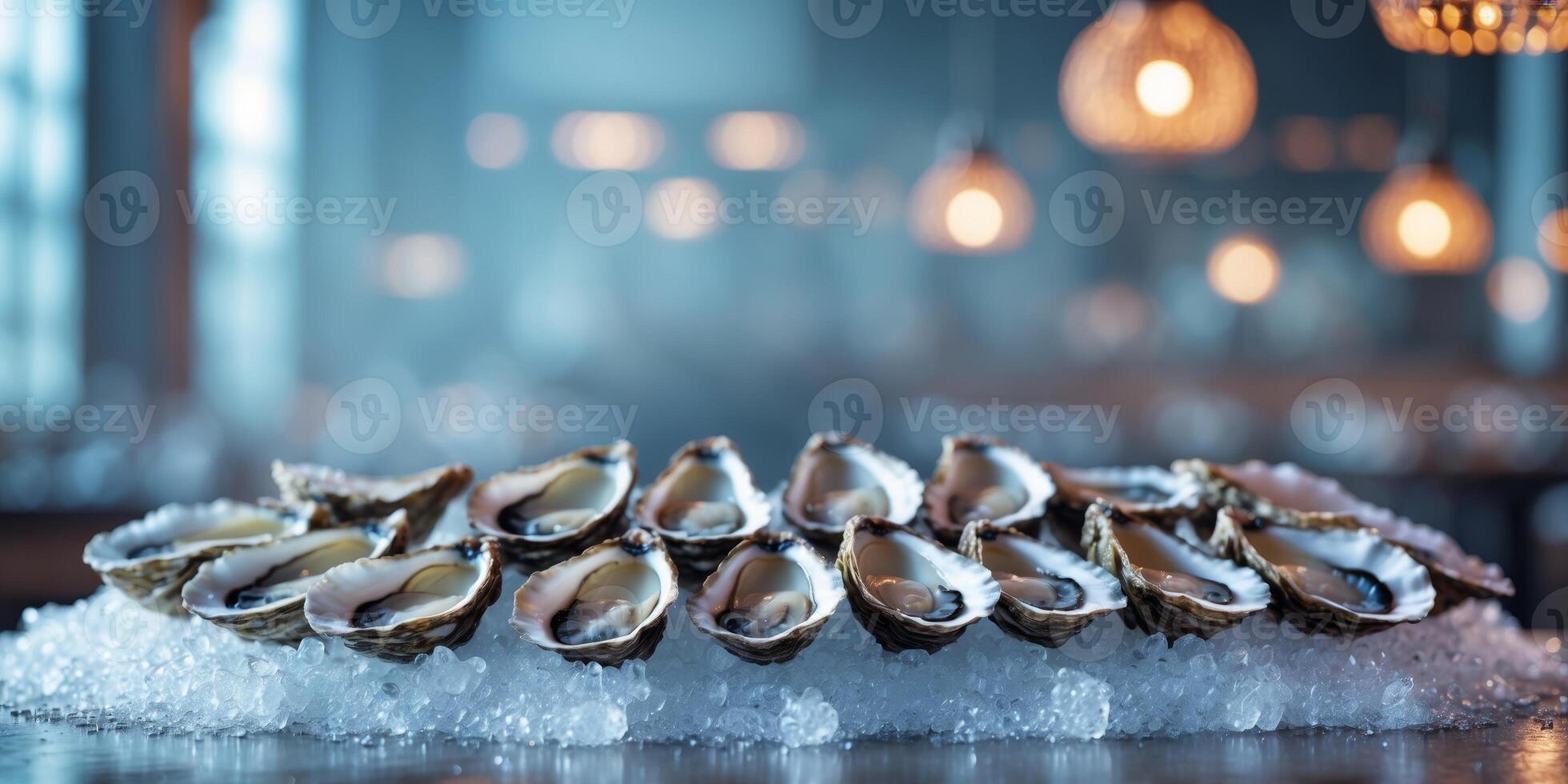 Fresh oysters on ice with blurred restaurant background featuring ambient blue lighting and decorative hanging lights Copy Space. photo