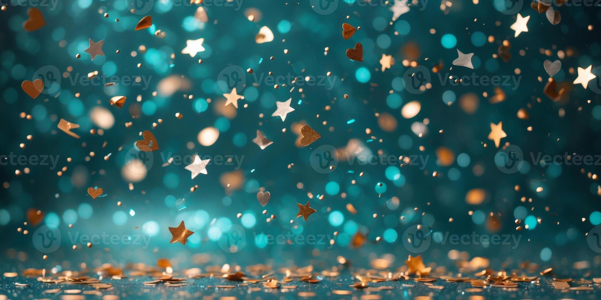 Whimsical metallic confetti over deep teal sparkling backdrop. photo