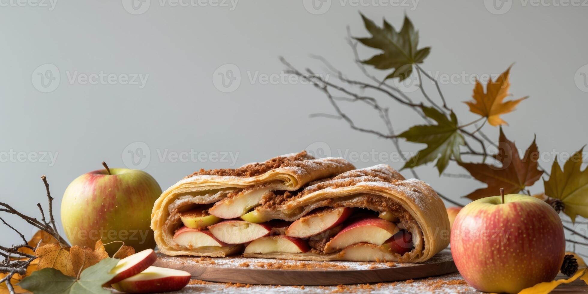 Classic apple strudel with warm spices and fresh apples on an inviting autumn display photo
