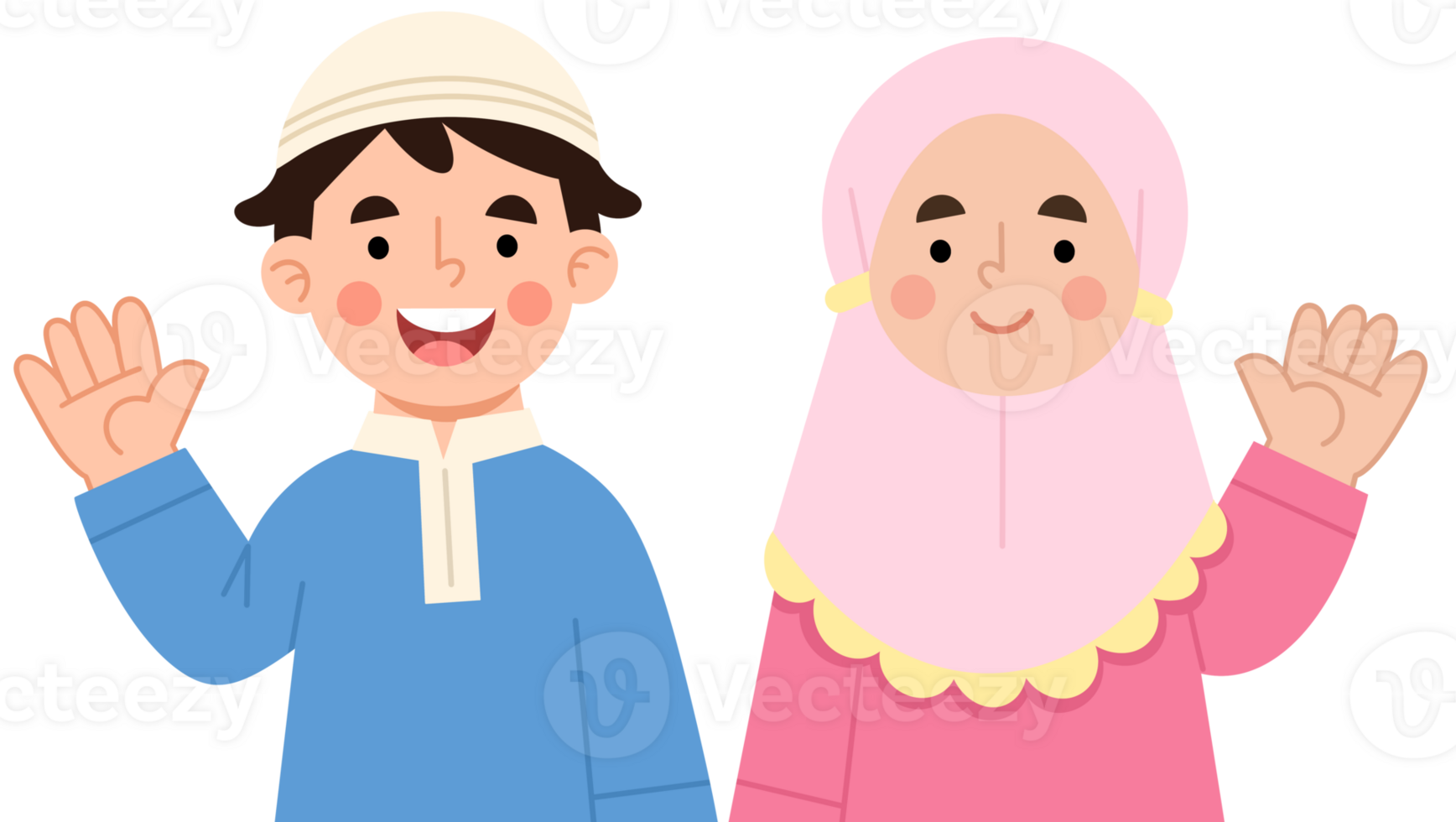 Illustration of smiling boy and hijab girl waving png