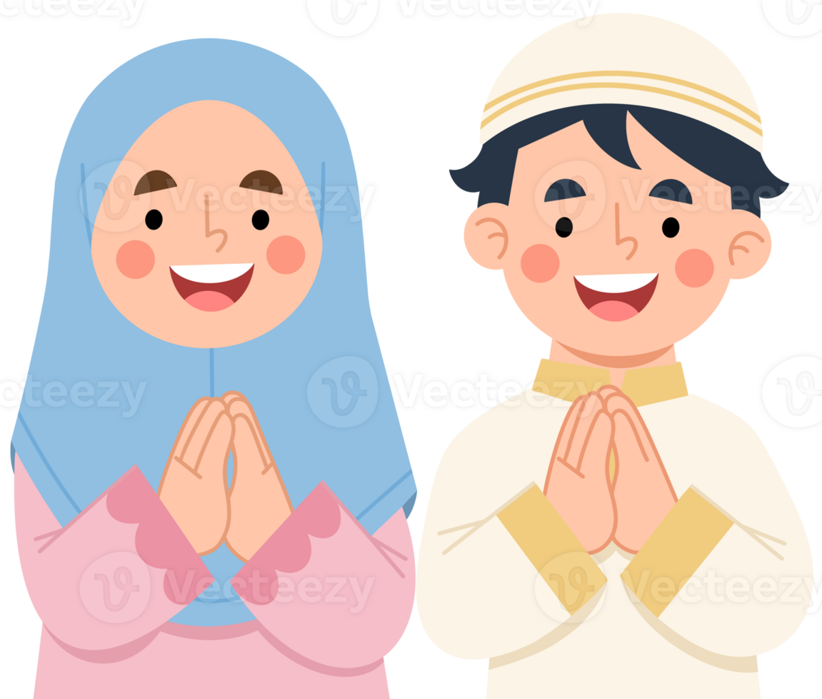Illustration of muslim children greeting happy eid al-Fitr png