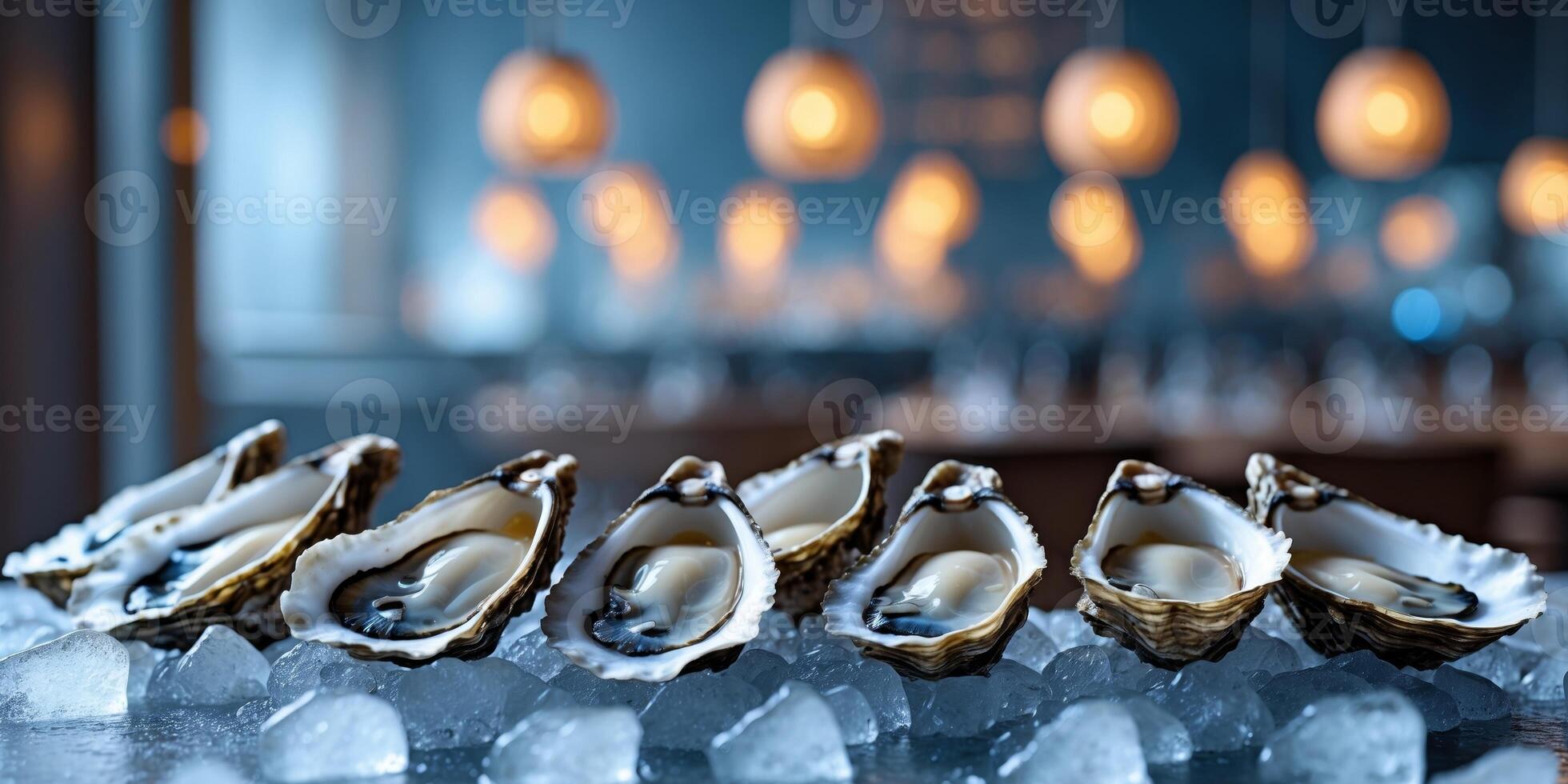 Fresh oysters on ice with blurred restaurant background featuring ambient blue lighting and decorative hanging lights Copy Space photo