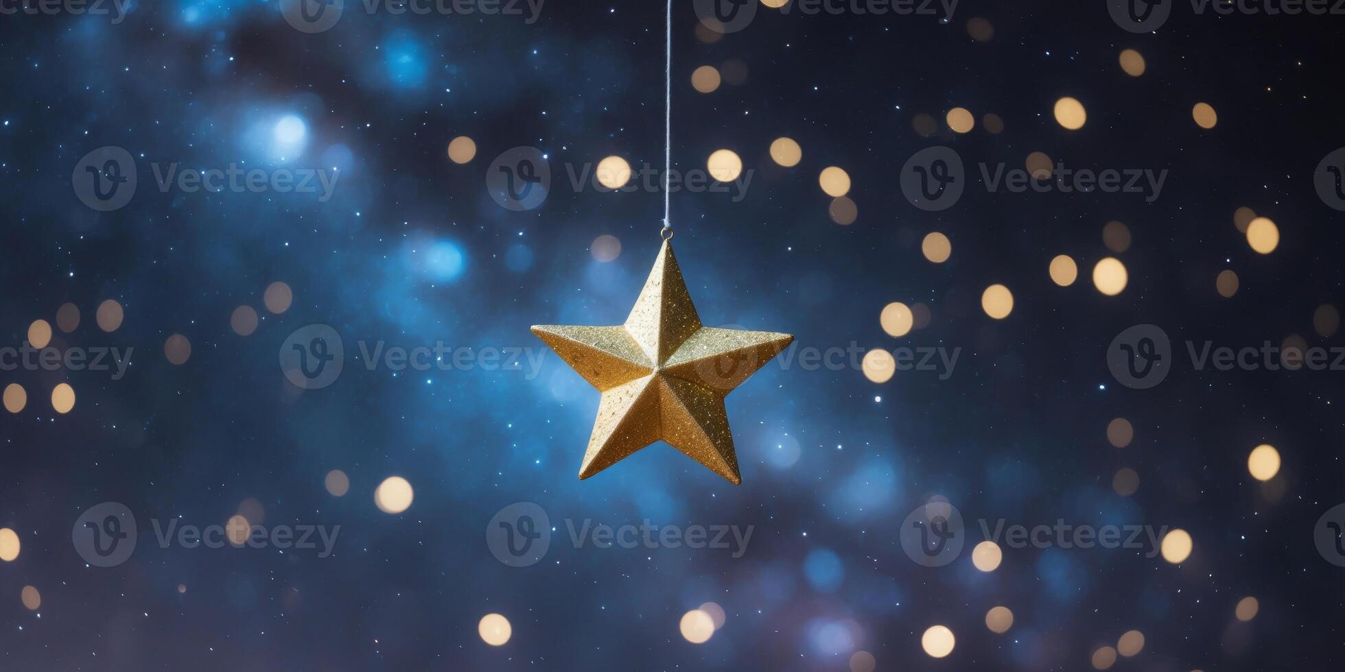 Golden star on a starry night background. photo