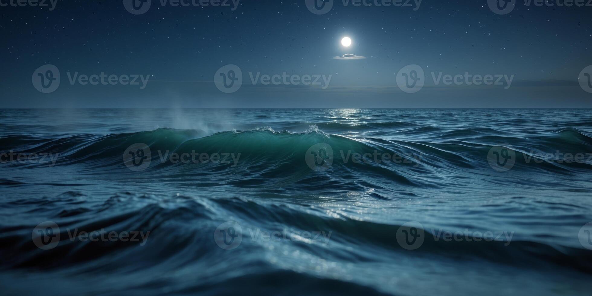 Dark blue ocean waves at night with a deep and serene atmosphere. photo