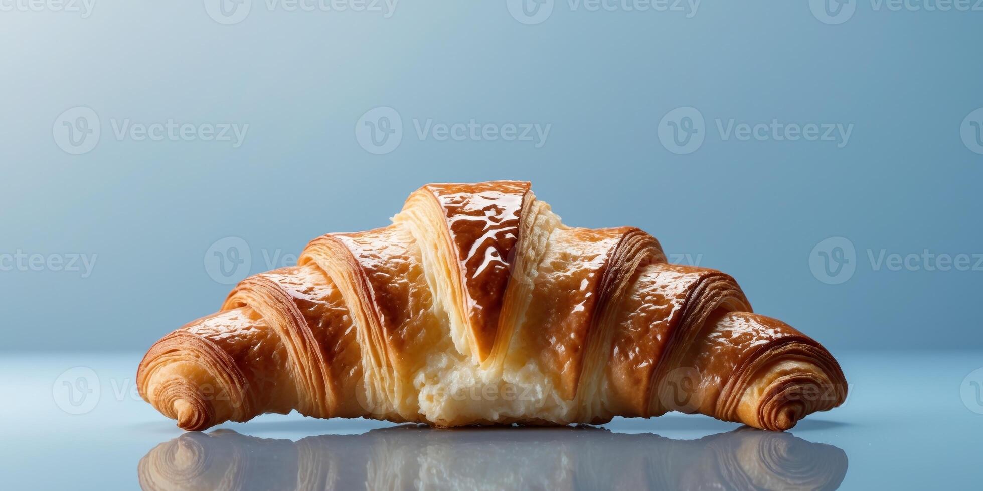 Croissant on reflective surface with soft blue background and ample copy space. photo