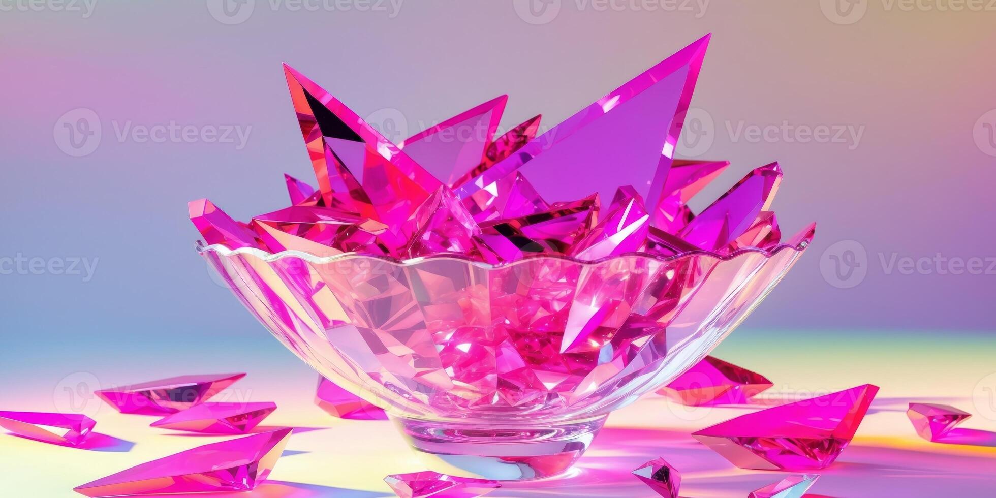 Bright pink crystal shards in a glass bowl with reflection on a colorful gradient background Copy Space photo