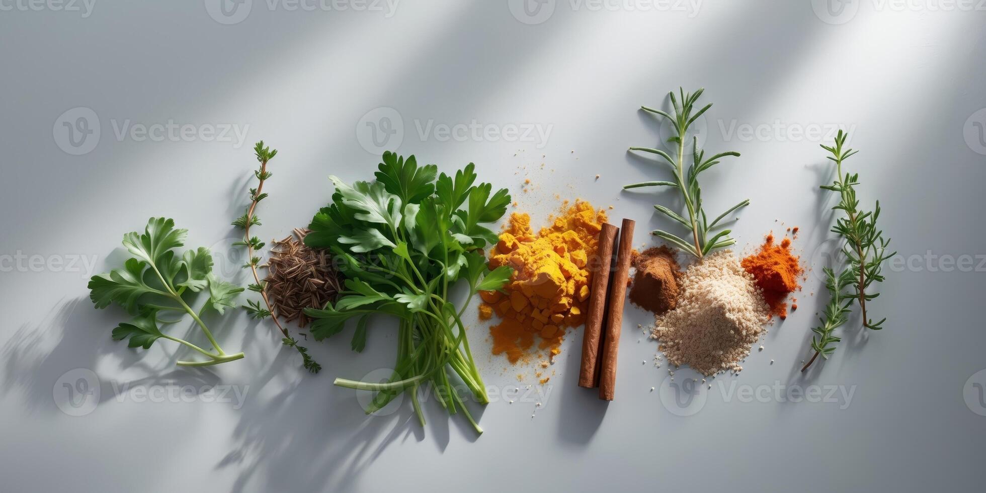Fresh ingredients and spices arranged on a gray surface for a vibrant healthy food concept photo