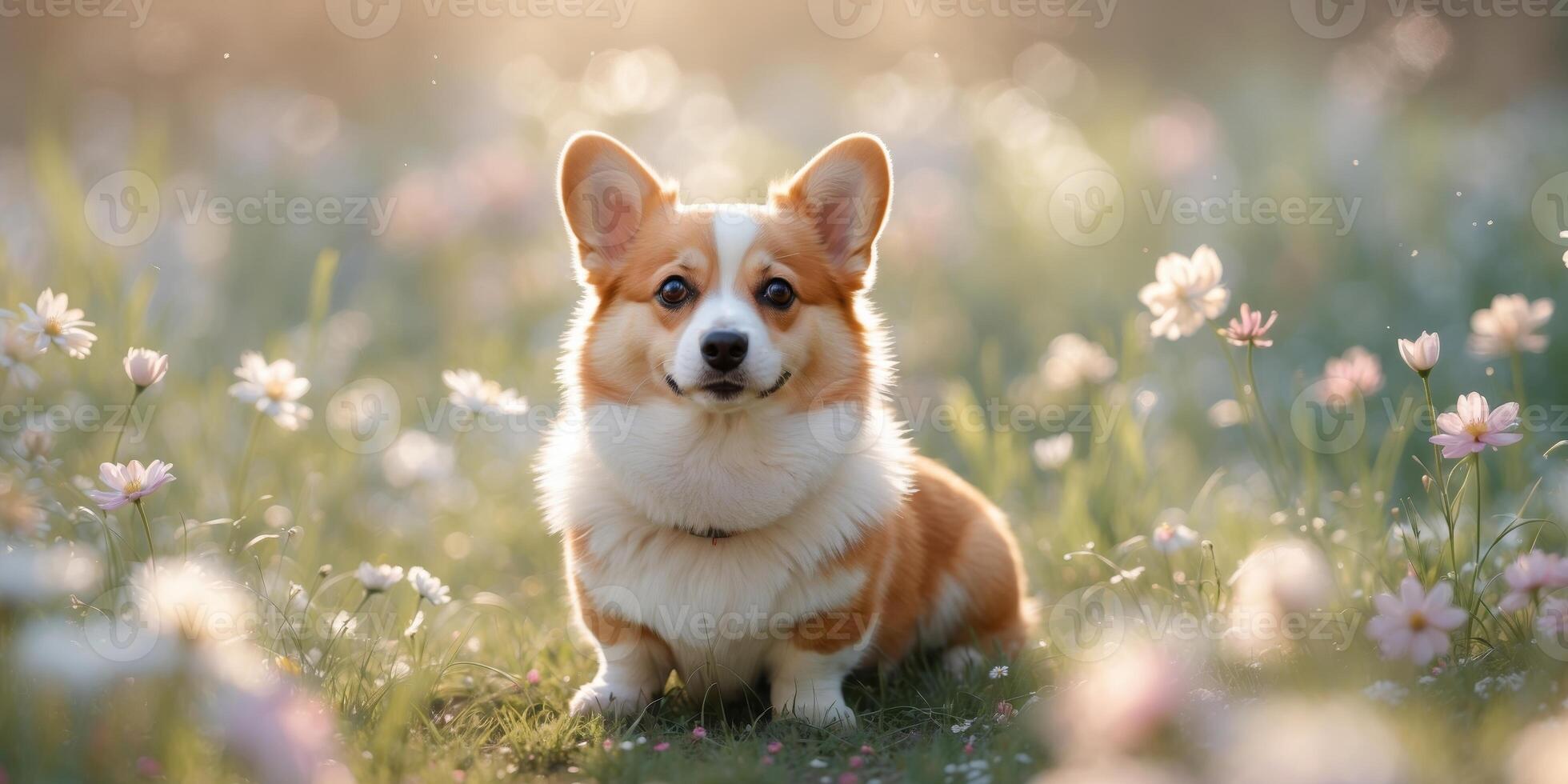 Corgi Surrounded by Colorful Flowers in Spring photo