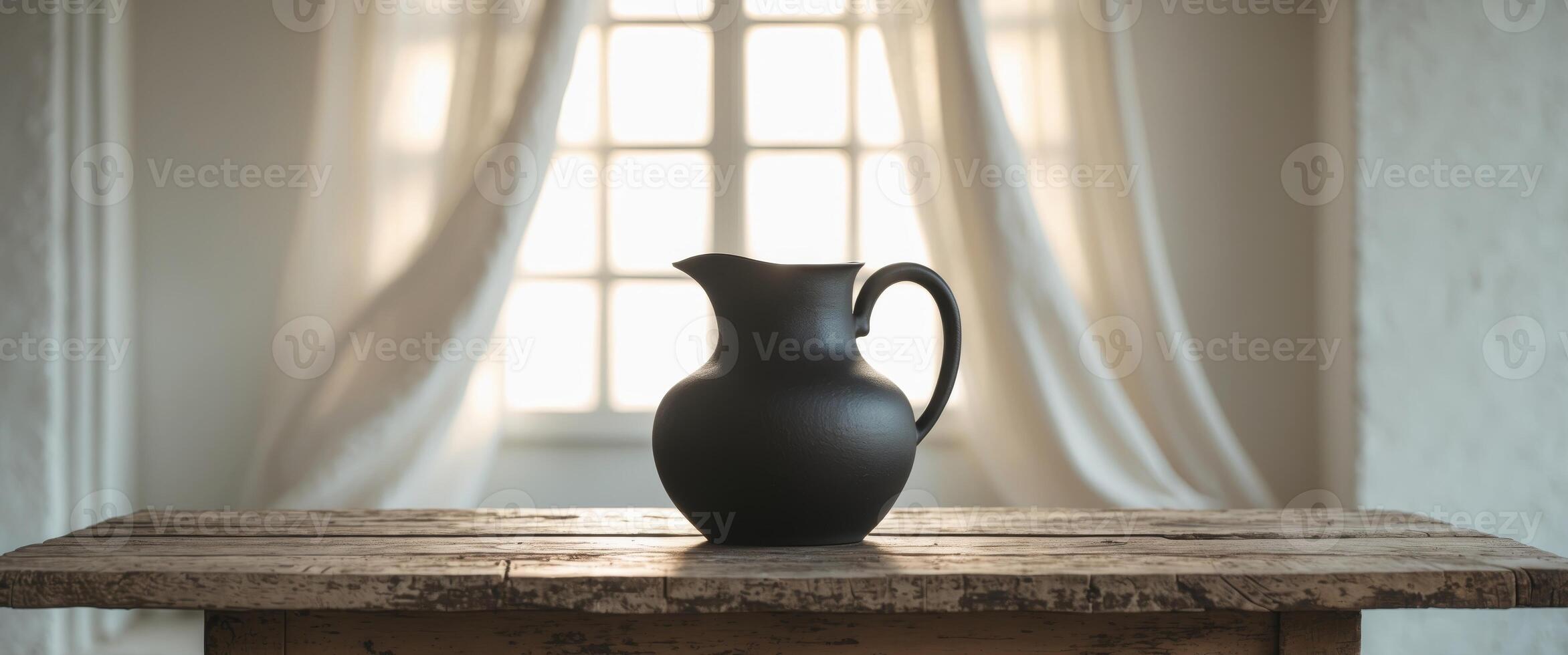 Black Pitcher on Rustic Wooden Table Near Window. photo