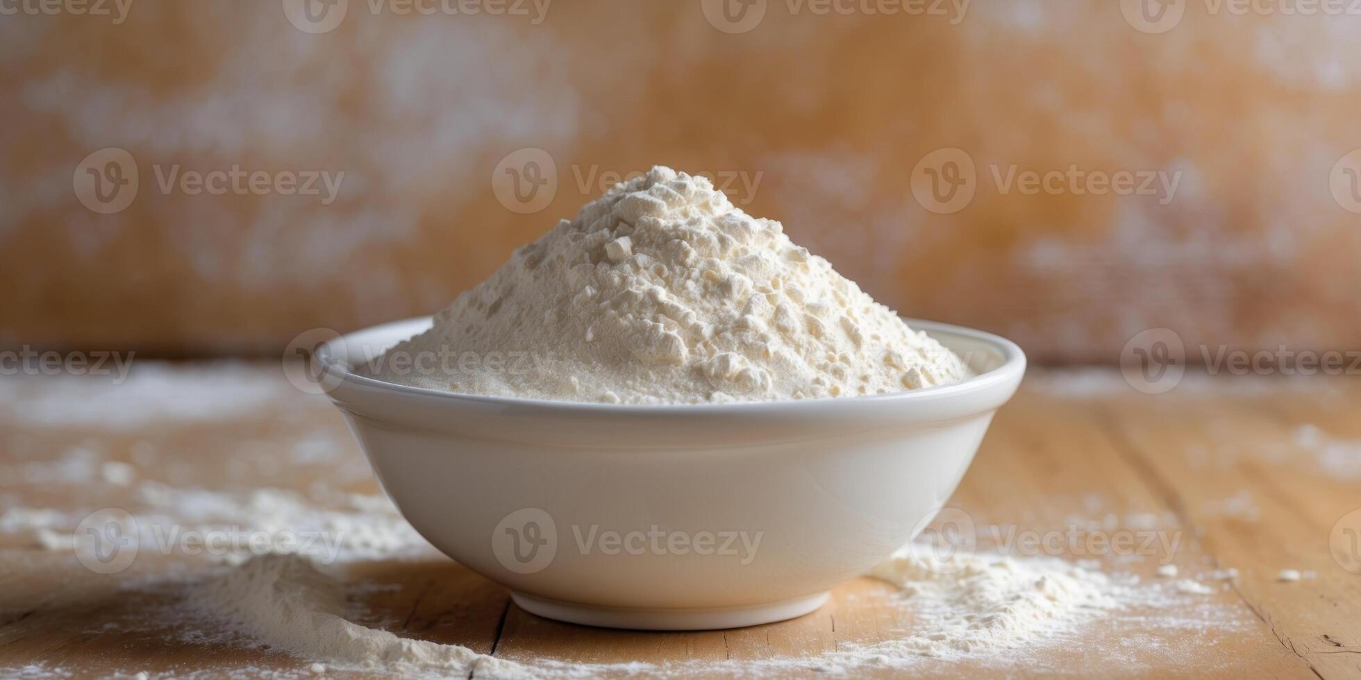 Ceramic bowl filled with semolina flour on warm wooden surface. photo
