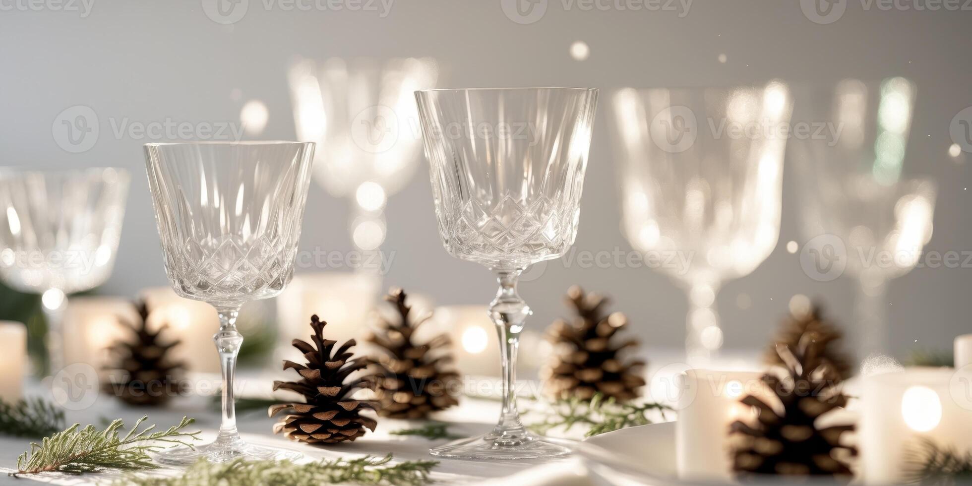 Elegant Holiday Dinner Table Setting with Pine Cones and Crystal Glasses photo