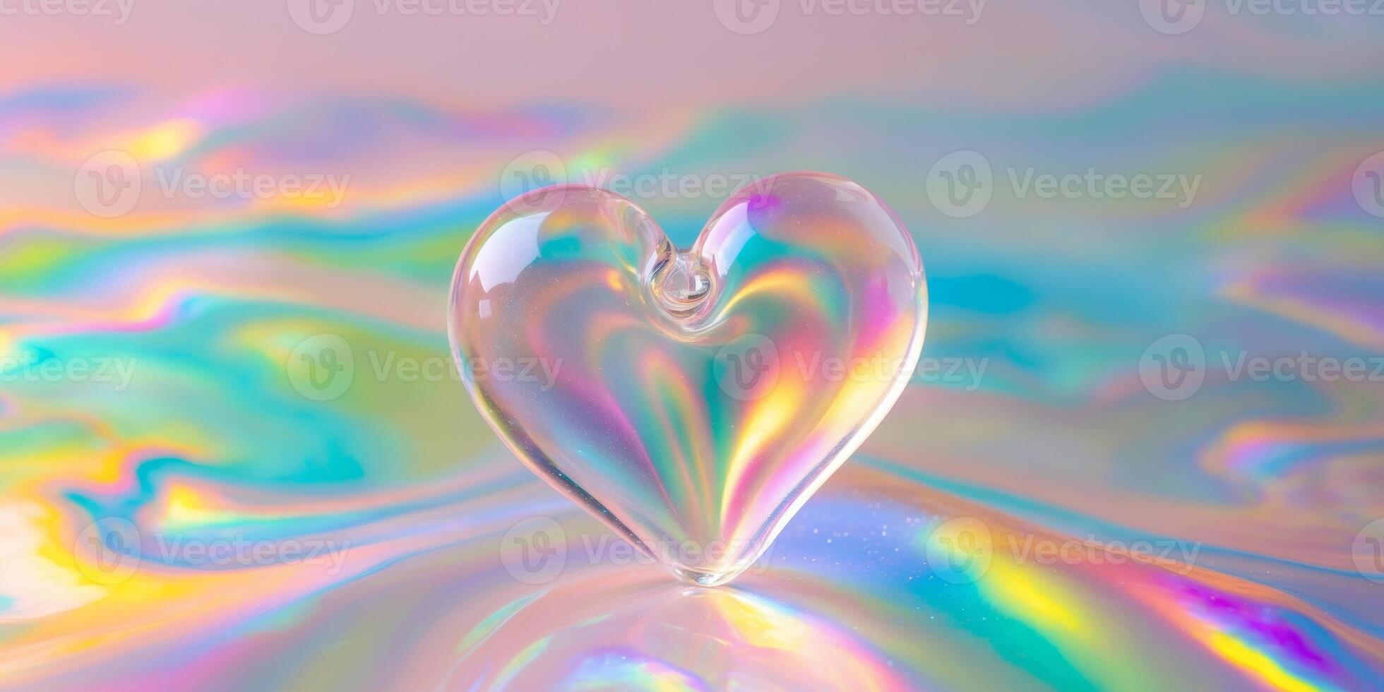 Glass heart on iridescent surface with colorful background photo