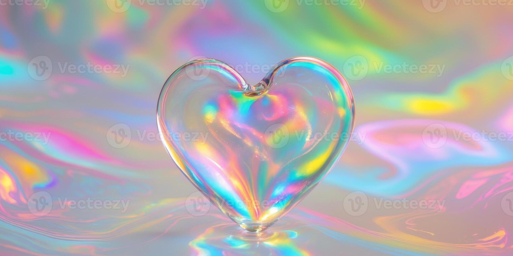 Glass heart on iridescent surface with colorful background. photo
