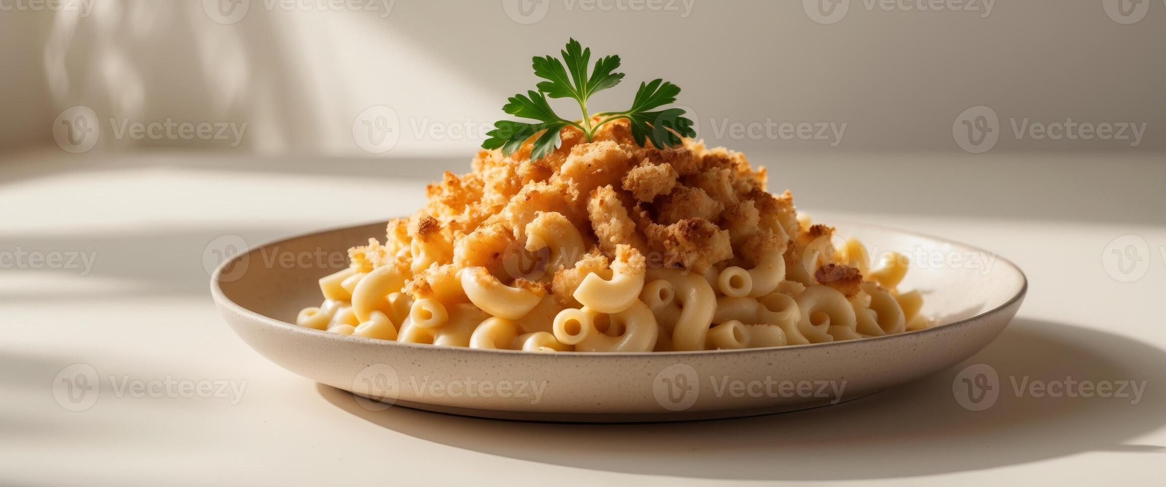 Creamy macaroni and cheese with golden brown breadcrumb topping and fresh parsley garnish. photo