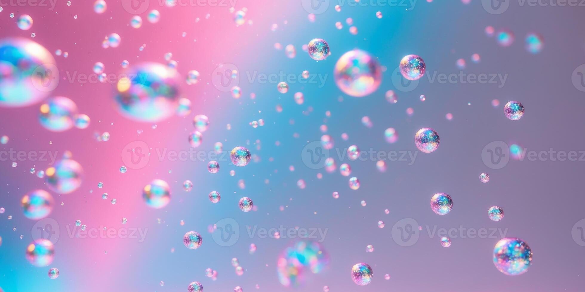 Abstract background with iridescent bubbles on a pink and blue gradient photo