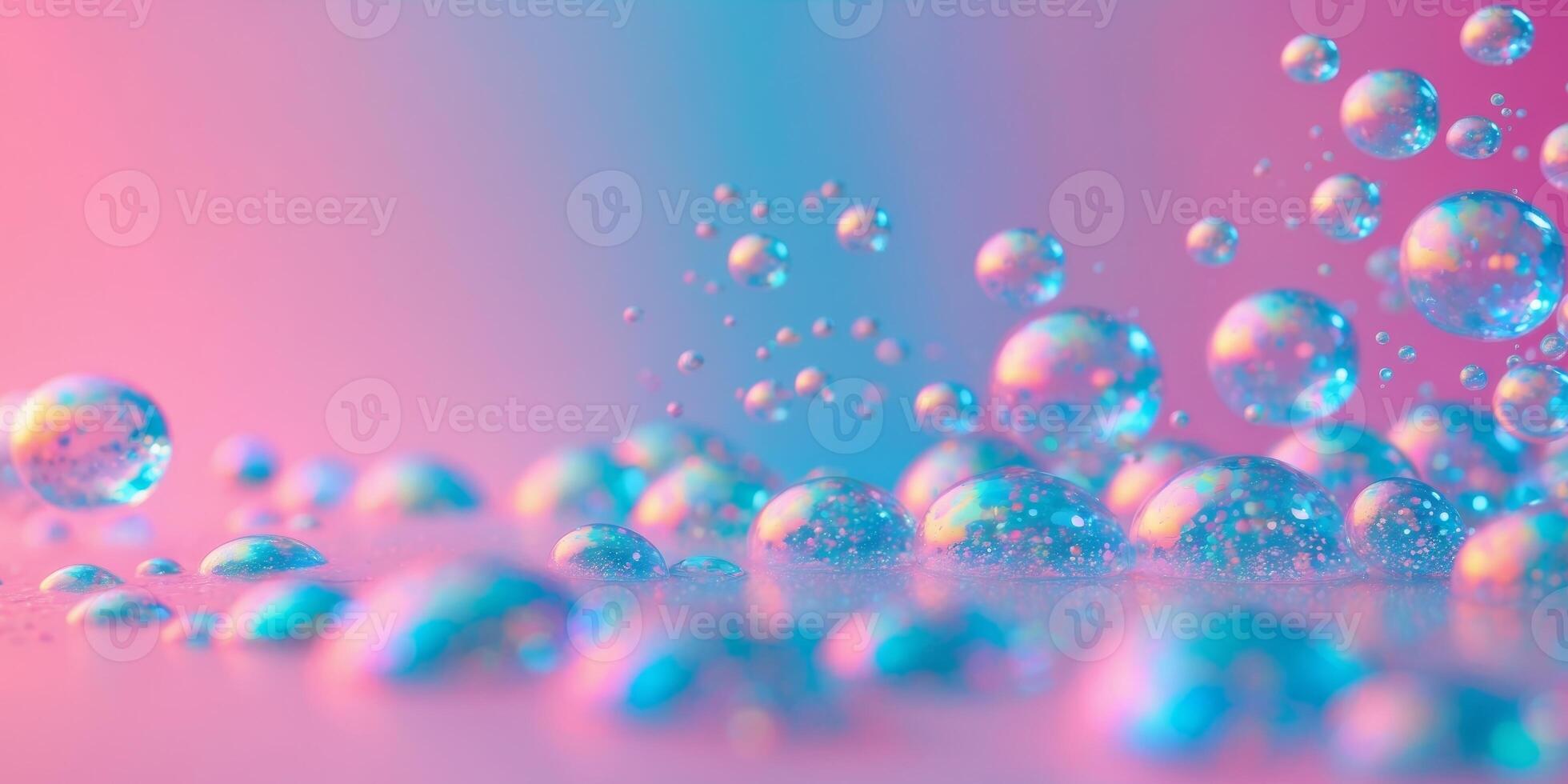 Abstract background with iridescent bubbles on a pink and blue gradient. photo