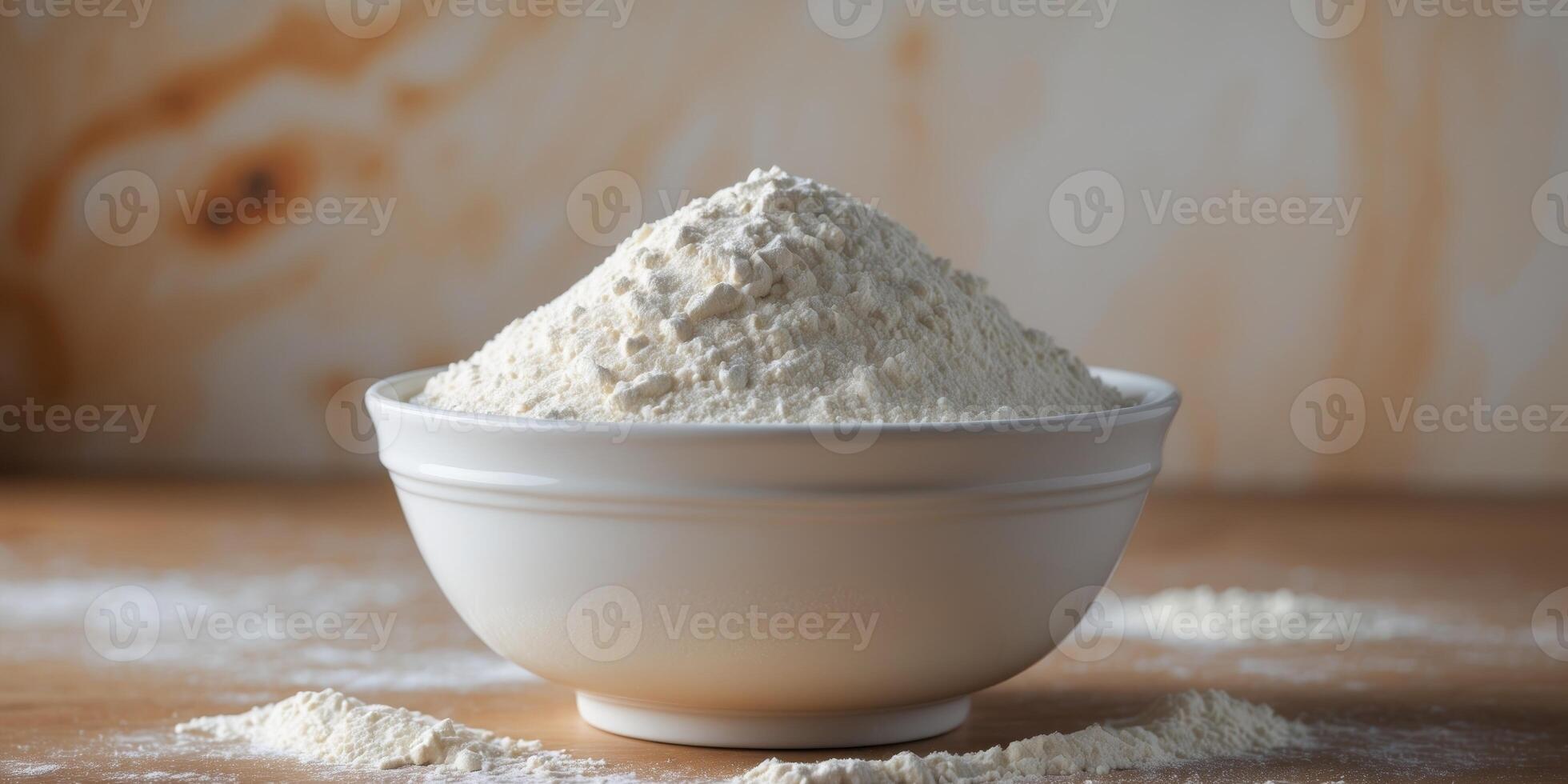 Ceramic bowl filled with semolina flour on warm wooden surface photo