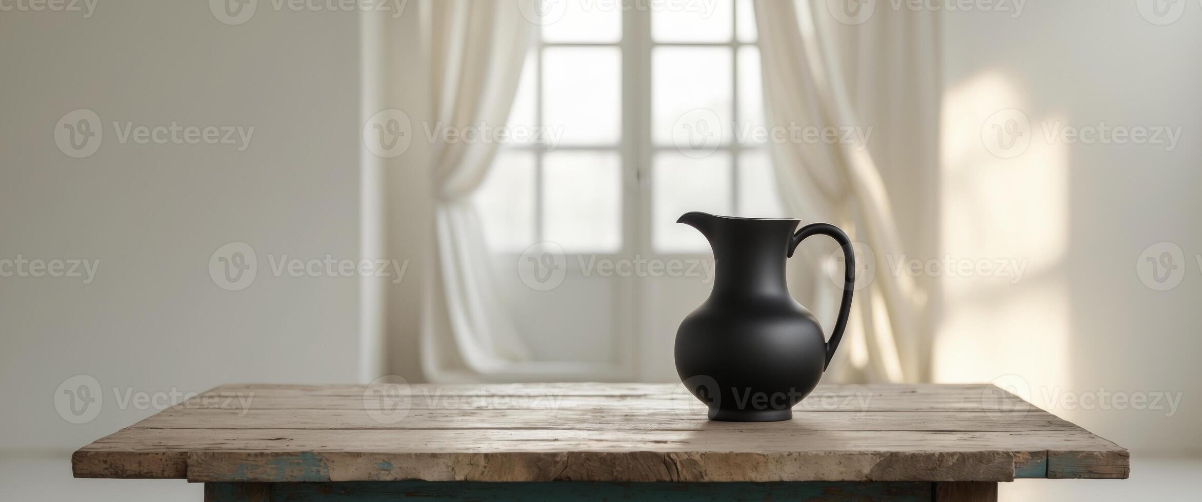 Black Pitcher on Rustic Wooden Table Near Window photo