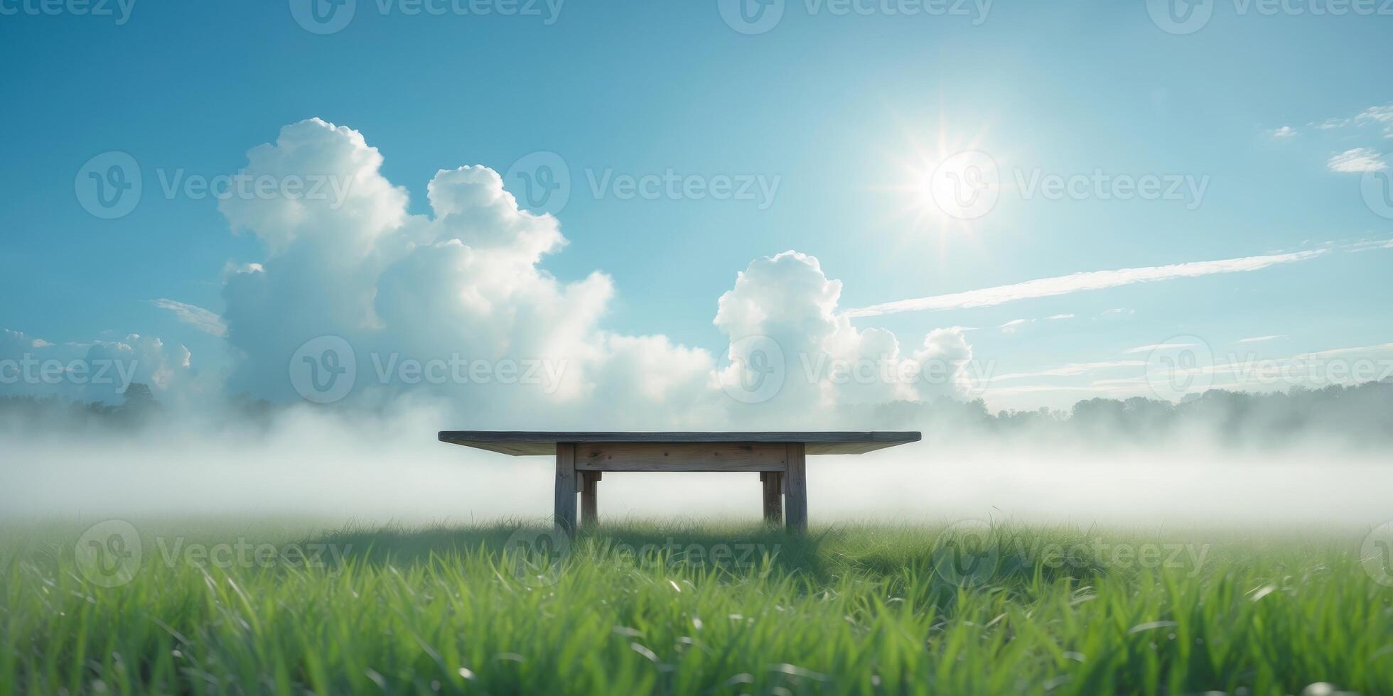 Wooden Table in a Serene Green Field under a Blue Sky with Fluffy Clouds. photo