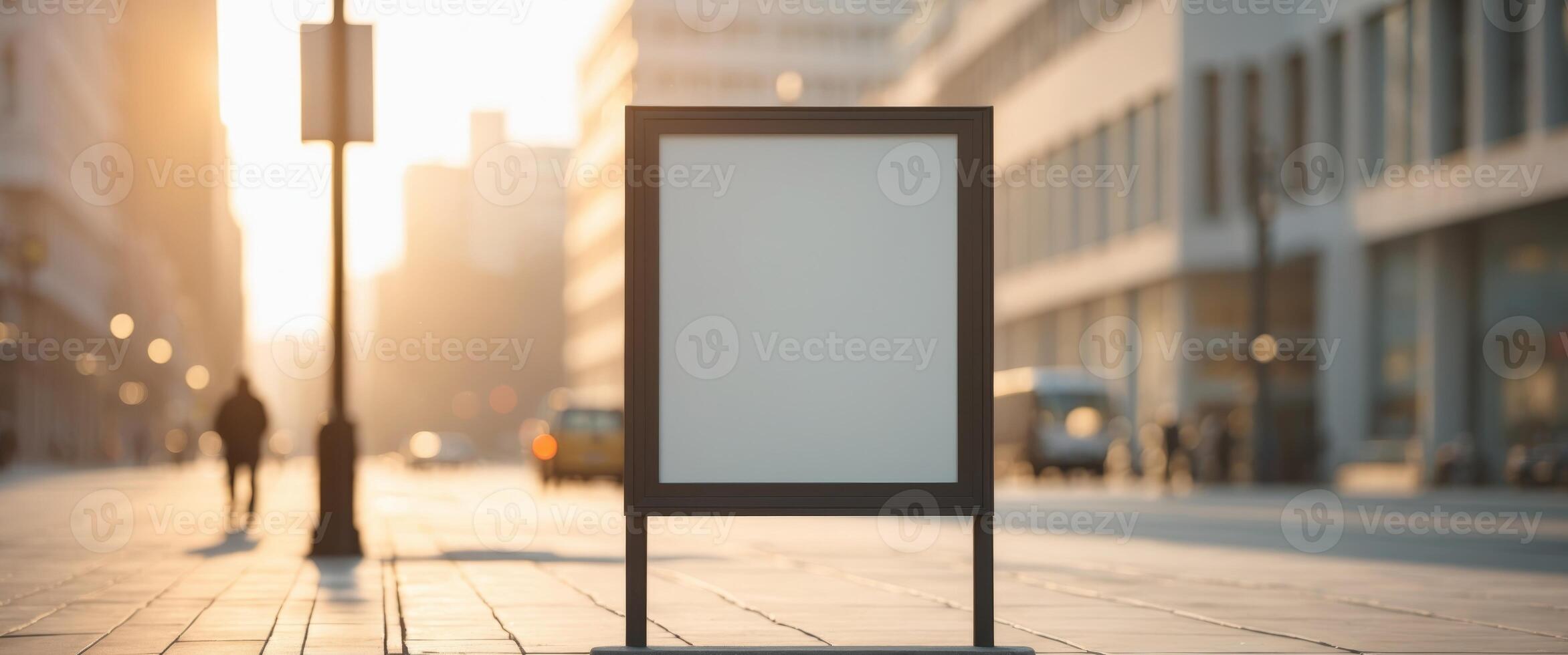Empty outdoor advertising board on city sidewalk on sunny day. photo