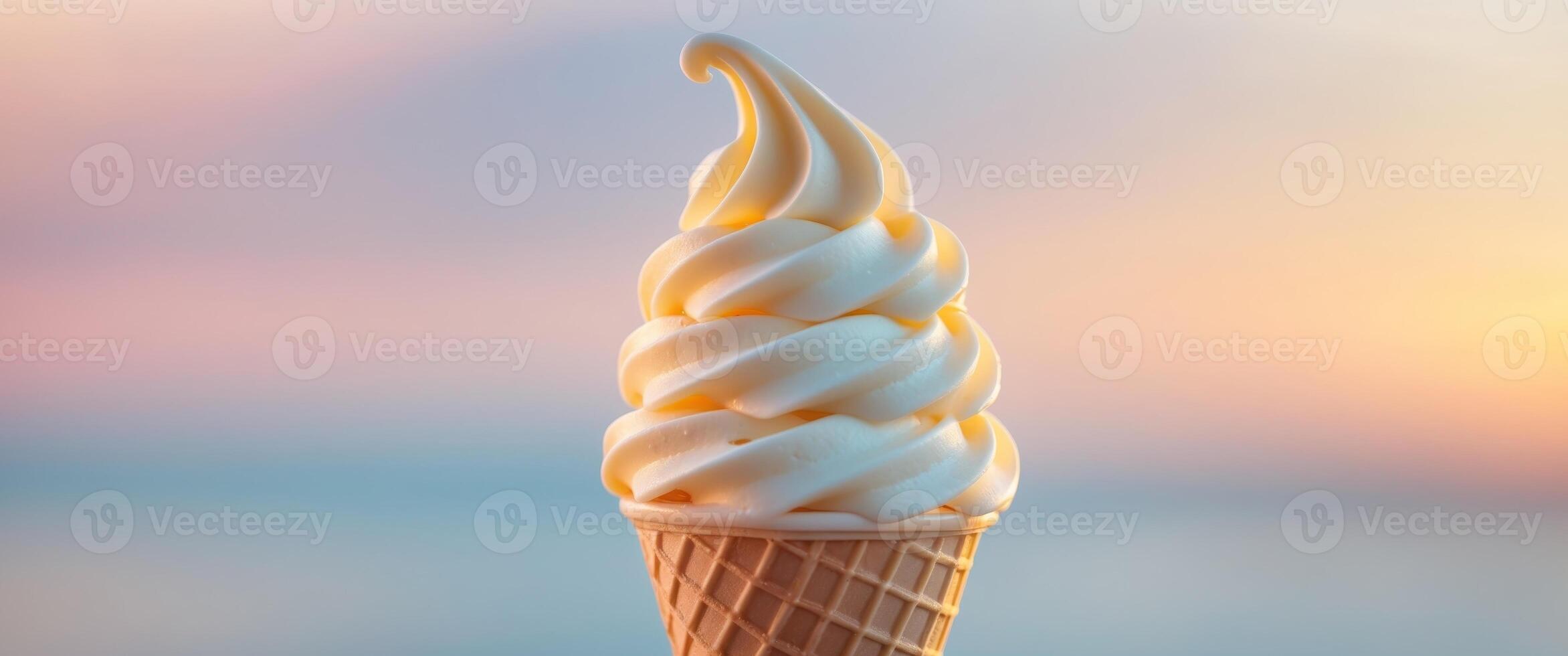 Close up of a soft serve ice cream at sunset. photo