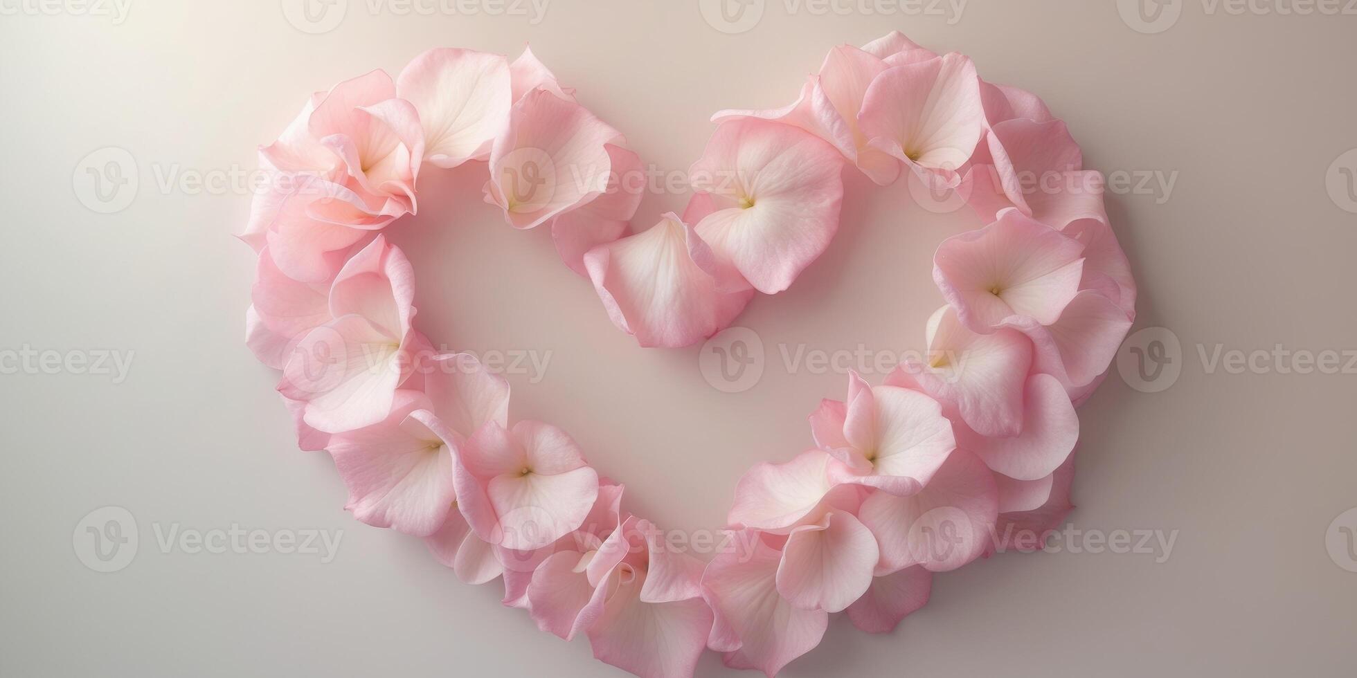 A heart formed by delicate pink petals with a soft gradient background. photo