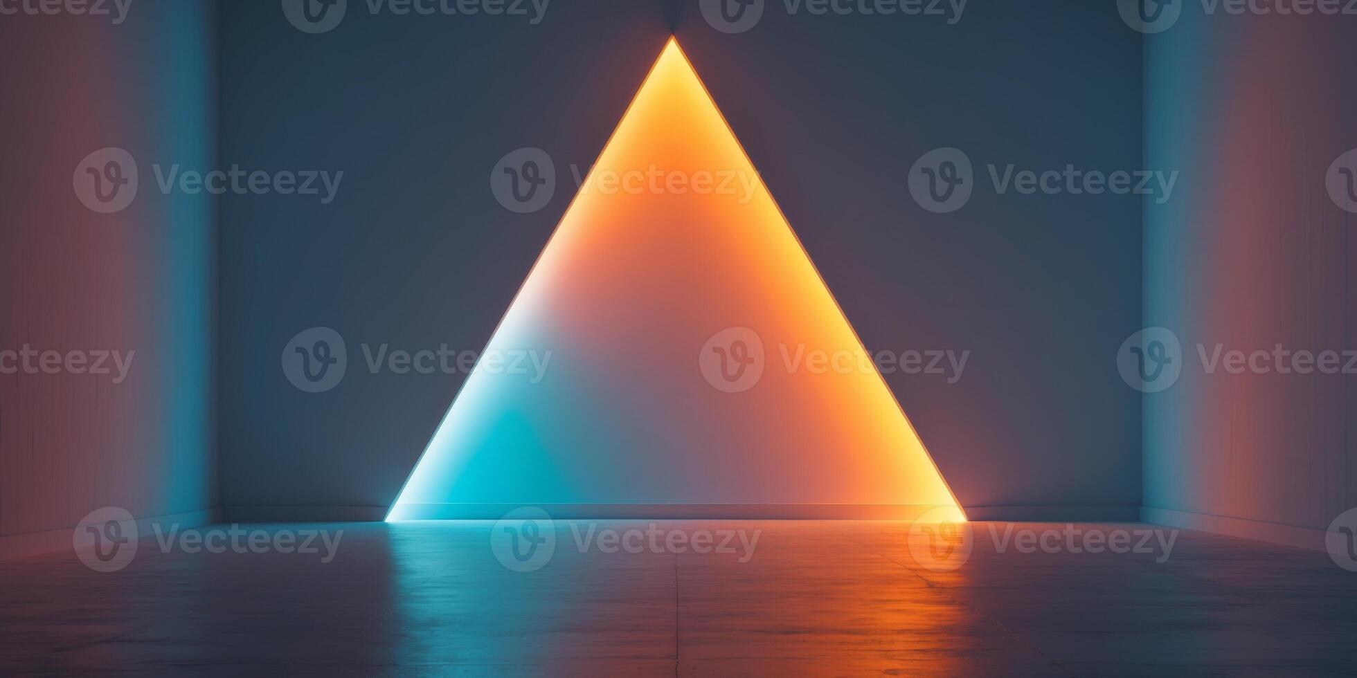 Triangle of light illuminating dark room with gradient colors from orange to blue. photo