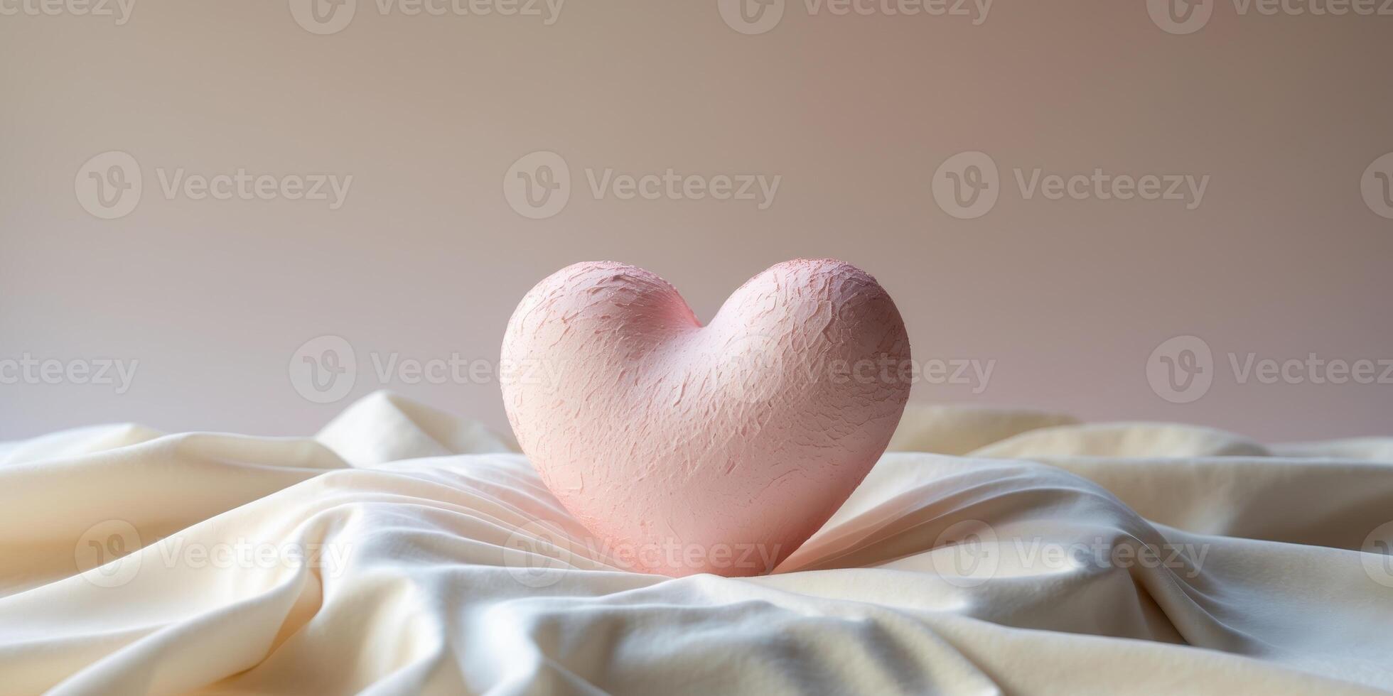 A textured pink heart sculpture resting on a soft surface with a subtle gradient background photo
