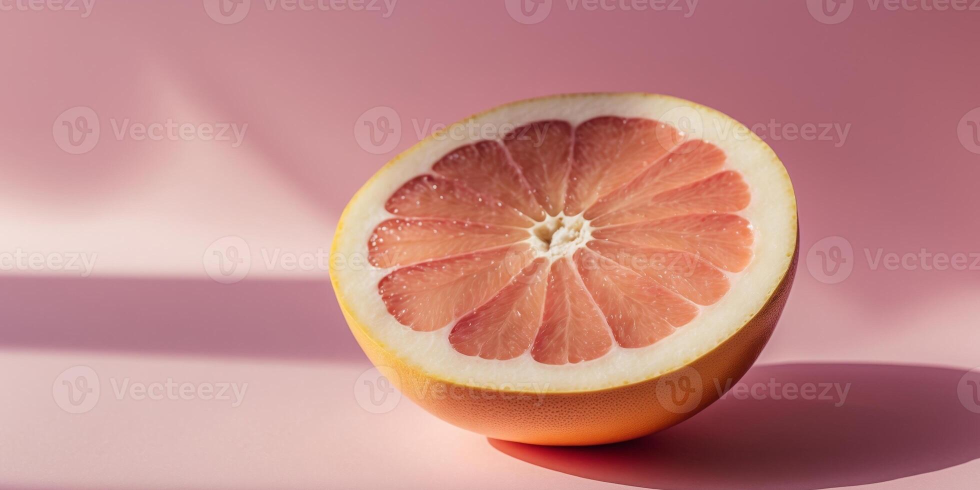 Fresh grapefruit slice casting shadow on pink background. photo