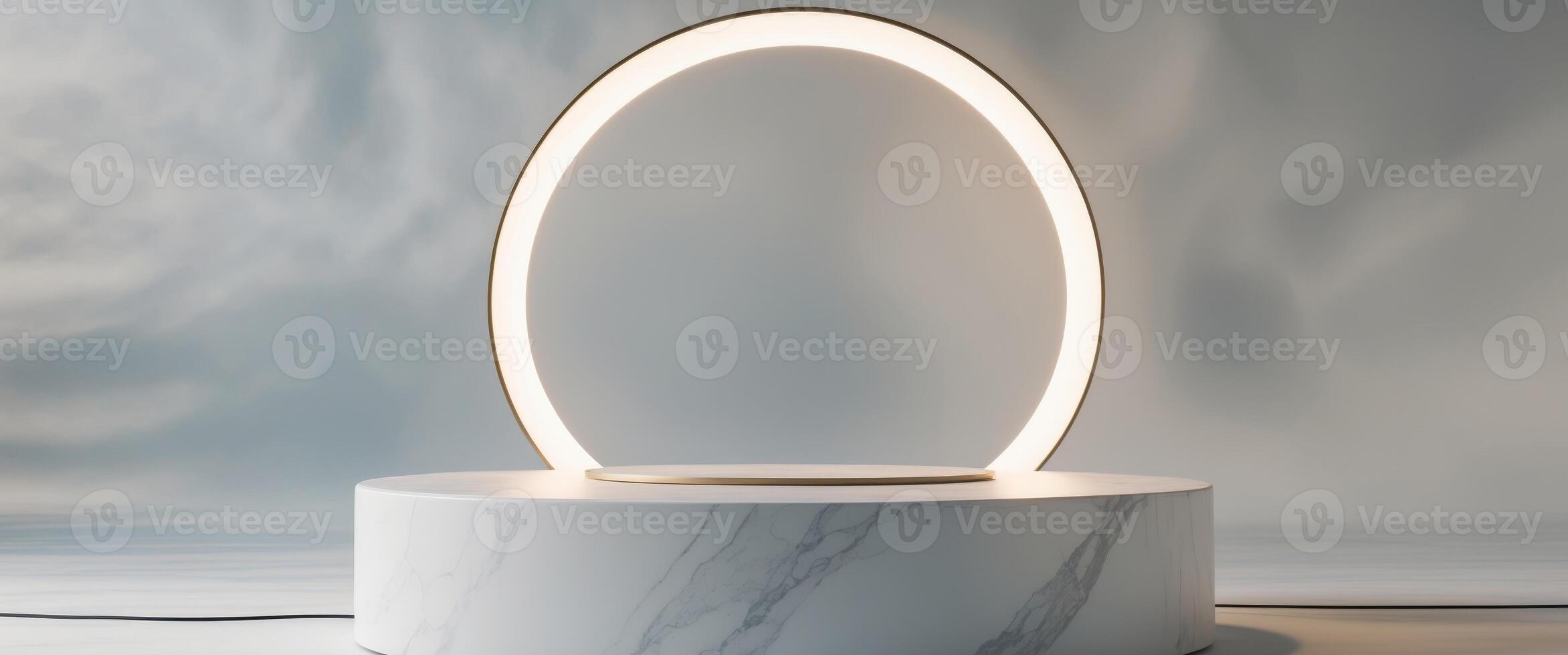 Elegant White Marble Podium with Circular Light for Product Display. photo