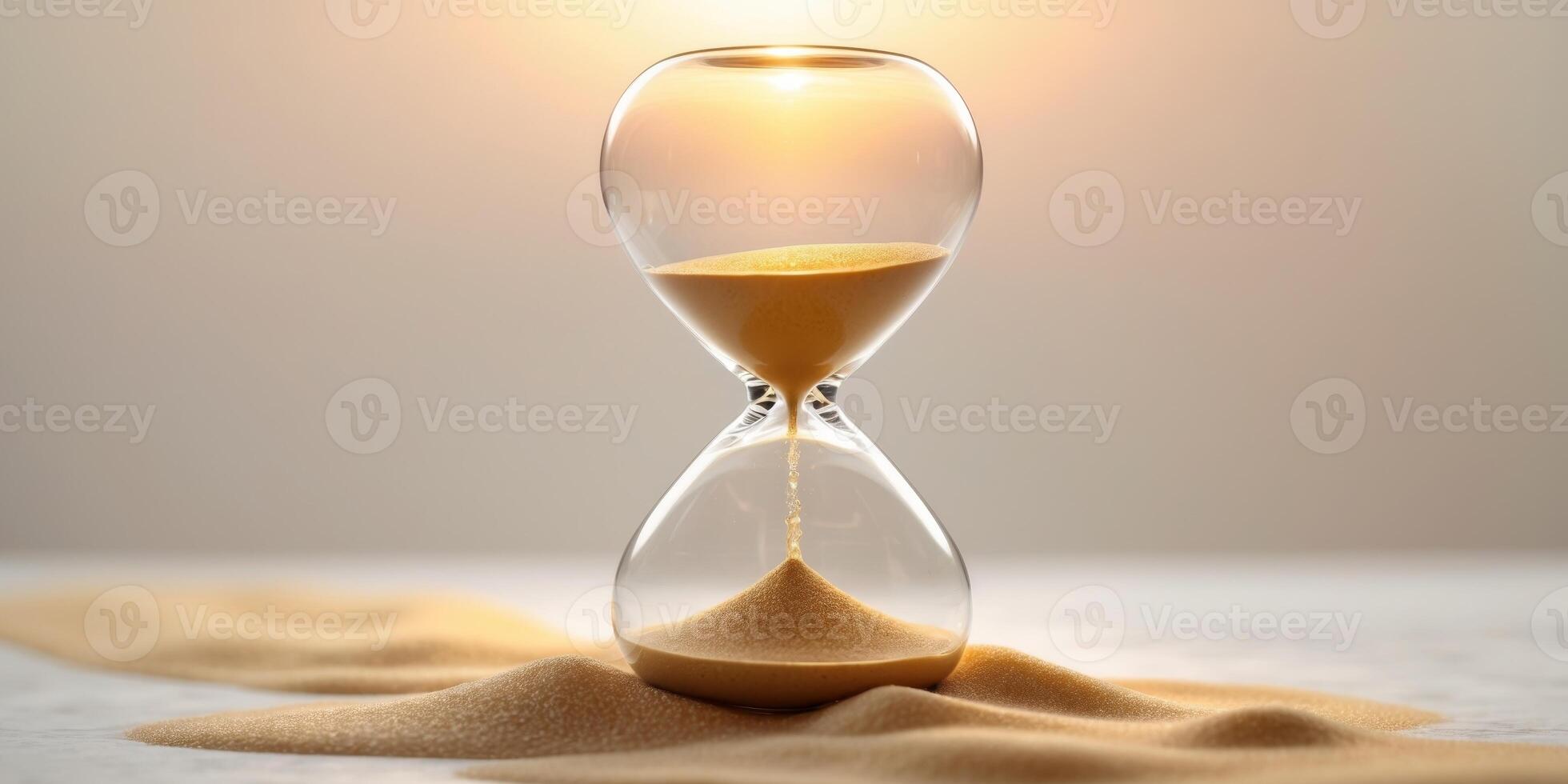 Golden hourglass time flowing in serene warm light. photo